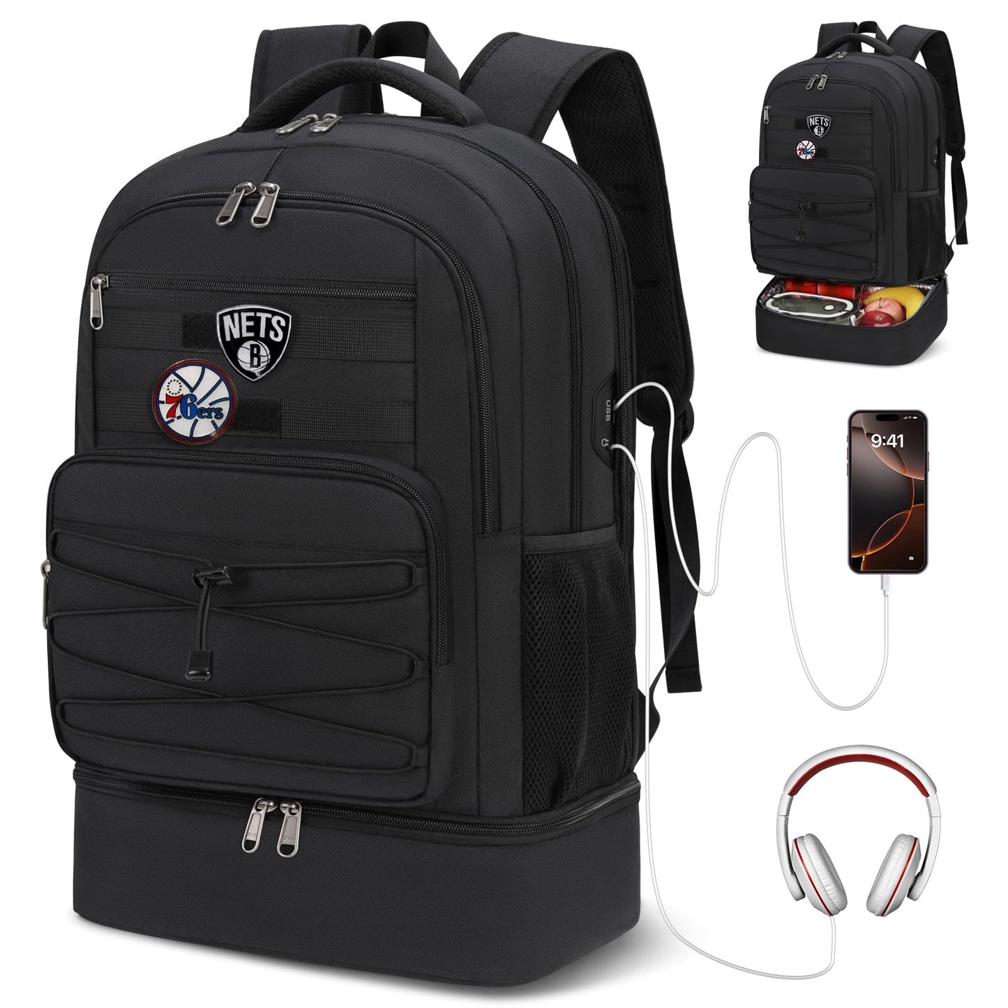 SDYSM Lunch Backpack for Men, 17.3 Inch Laptop Backpack with Charging Port & Earphone Hole Travel Work Backpack with Insulated Lunch Bag Waterproof Computer Backpack for College School Business, Black