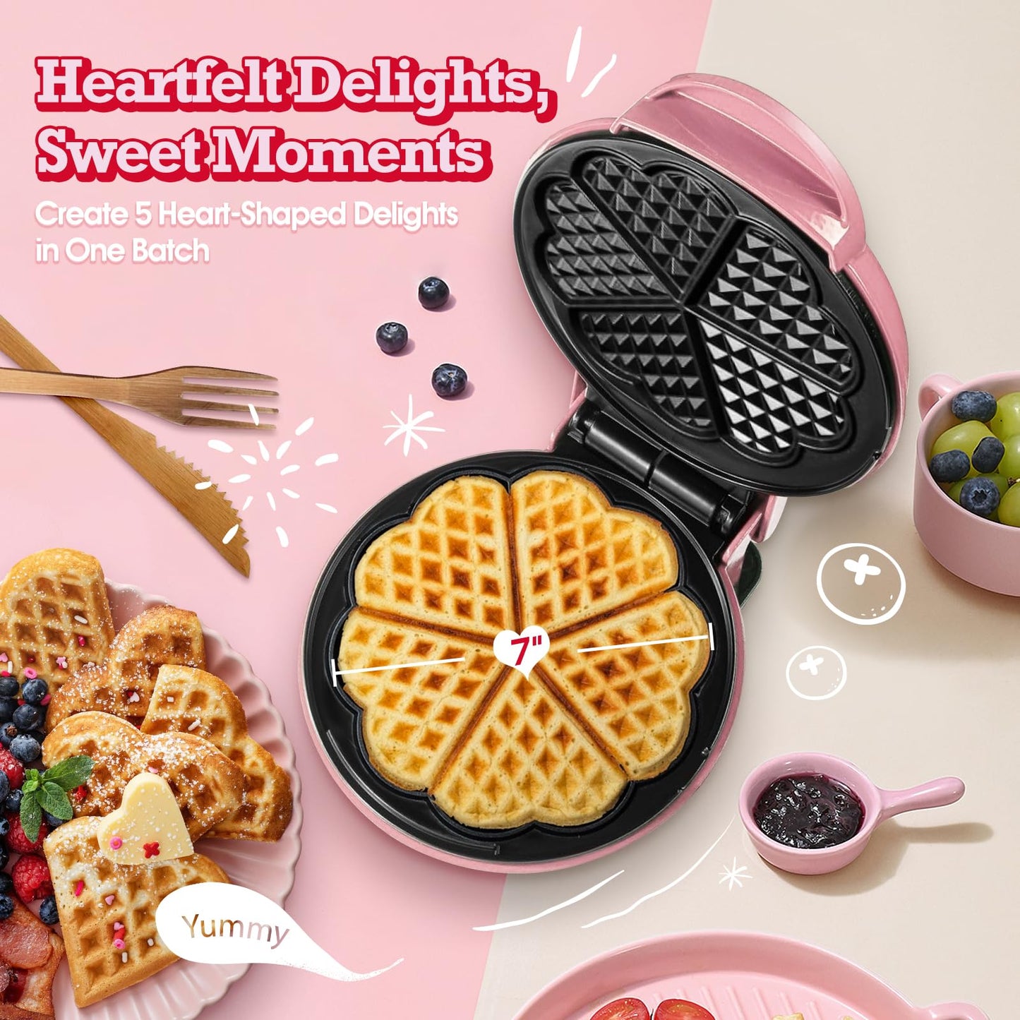 GVAKMM Waffle Maker(Heart),Small Waffle Maker Keto,Mini Wafflera Iron for Kids Family and Individuals,7'' Non Stick Cooking Plates with Fast & Even Heating