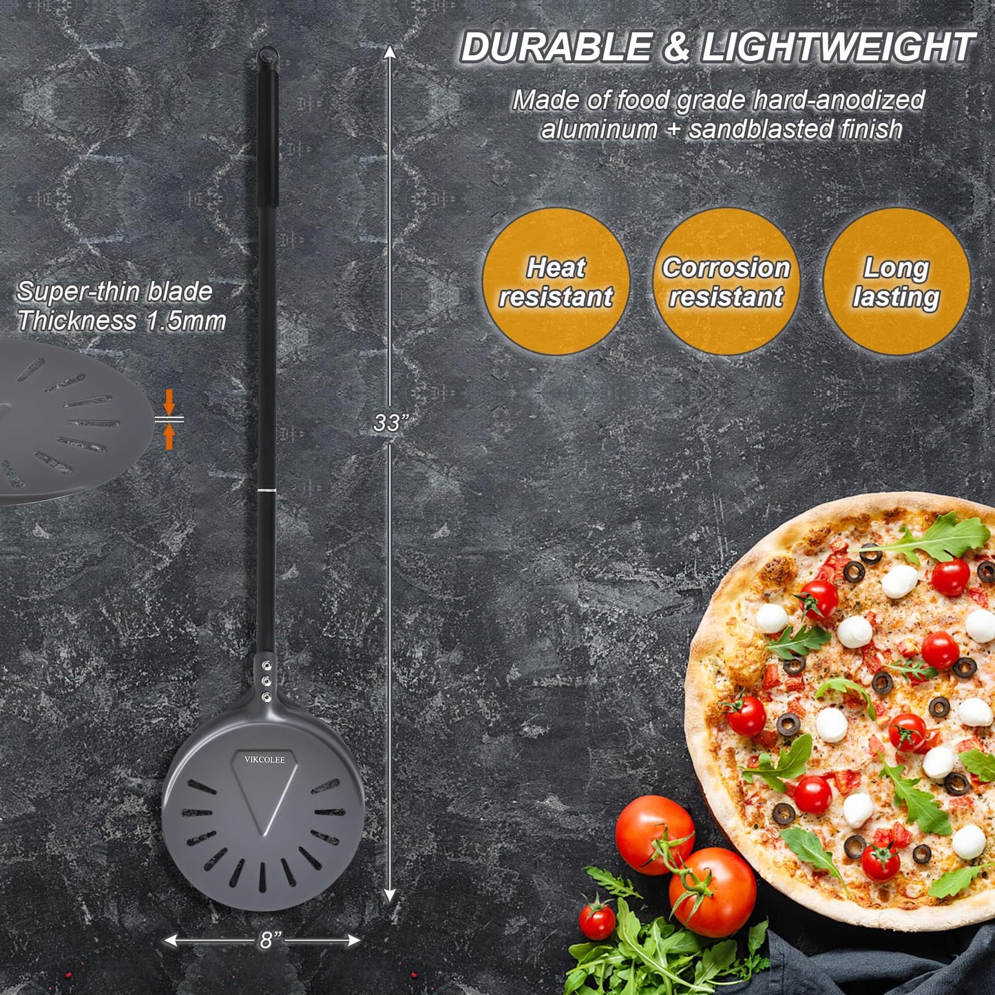 VIKCOLEE Turning Pizza Peel, 8 Inch with 25 Inch Handle Round Pizza Turning Peel, Professional Anodized Aluminum Turning Pizza Spatula, 33 Inch Overall