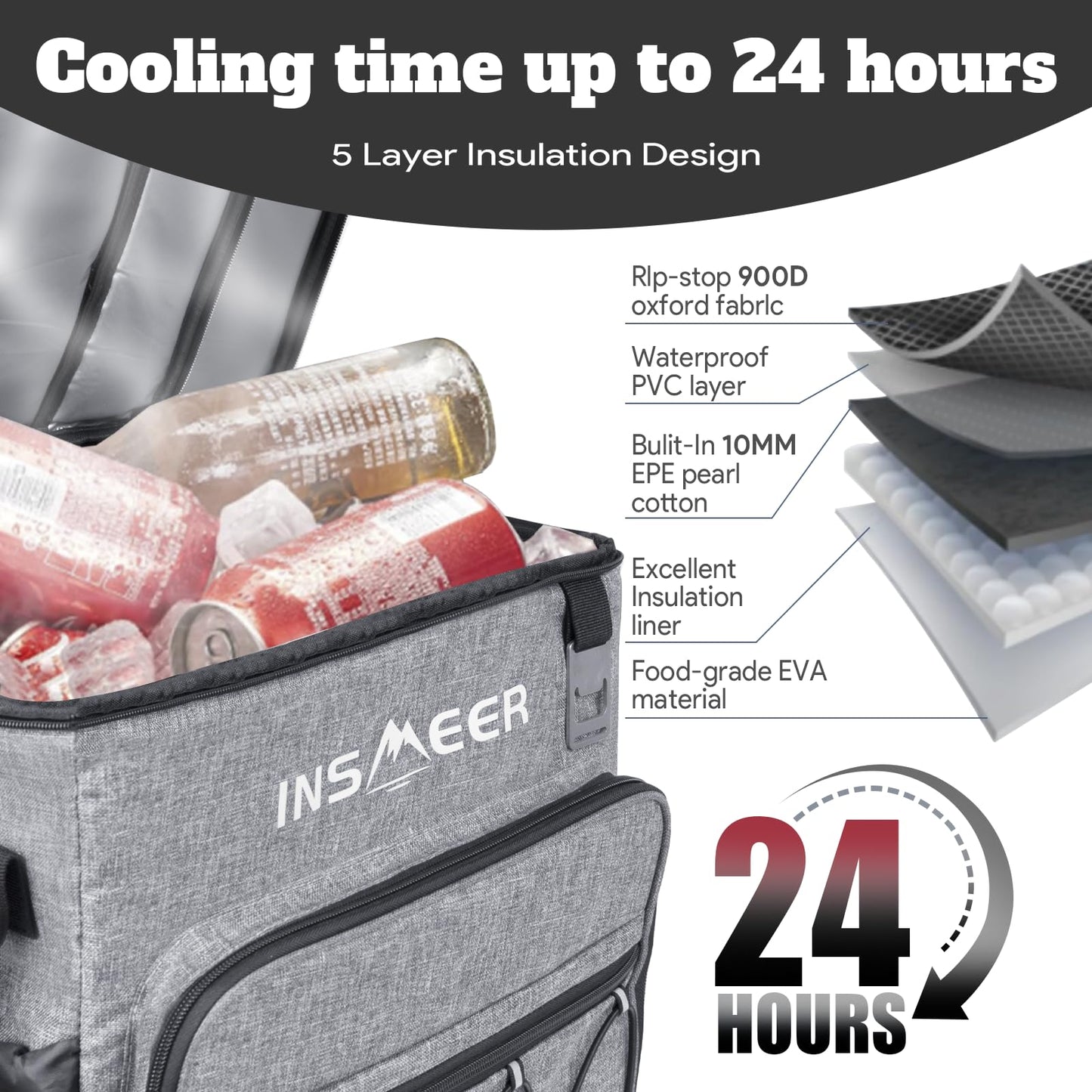 INSMEER 55 Cans/40L Soft Cooler with Wheels - Leakproof/Insulated/Portable Rolling Cooler Bag with All-Terrain Cart, Large Travel Coolers for Beach, Camping, Grocery Shopping