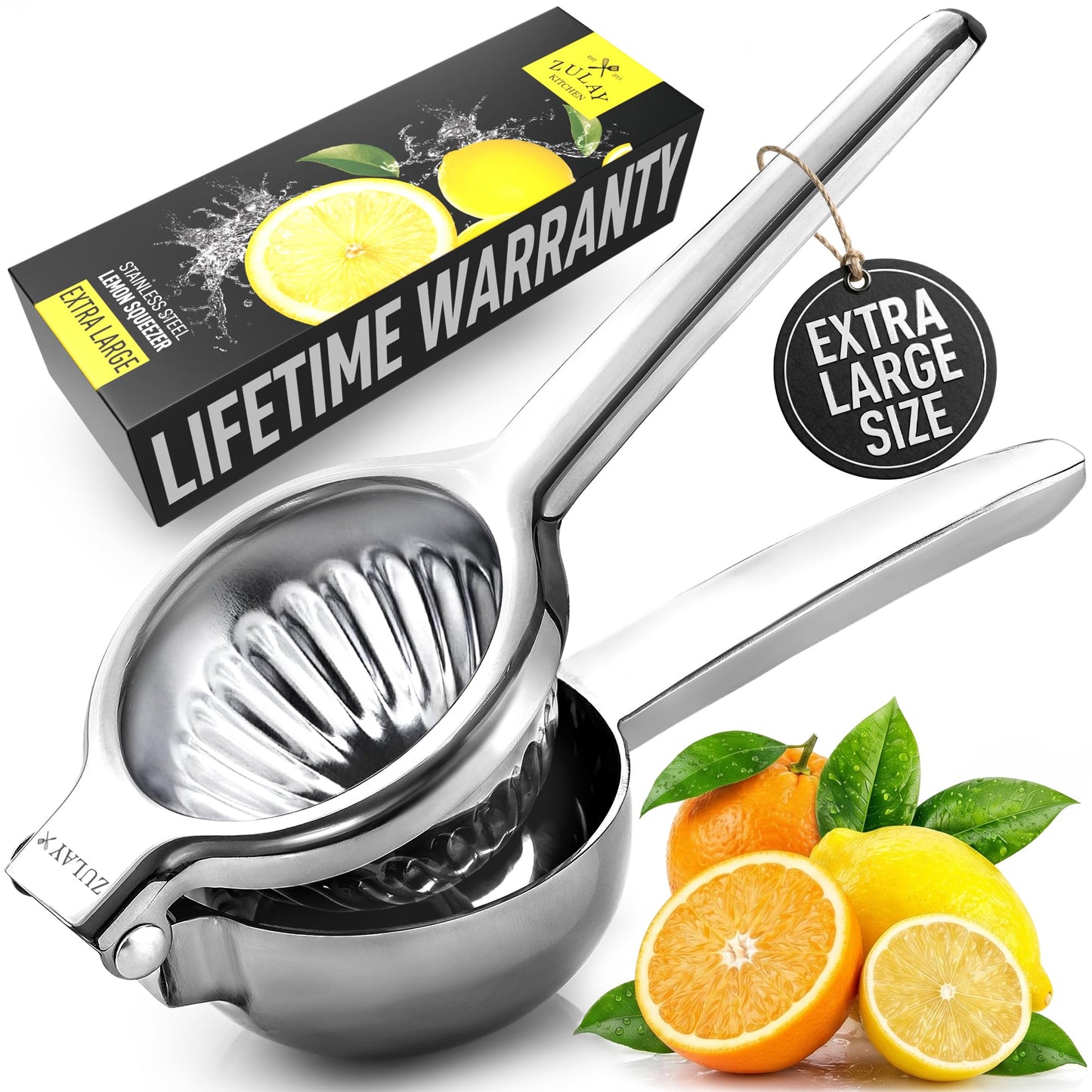 Zulay Extra Large Lemon Squeezer Stainless Steel - Easy Squeeze Manual Heavy Duty Lemon Juicer Hand Press - Ergonomic Citrus Squeezer & Fruit Juicer for Oranges, Lemons, & Limes