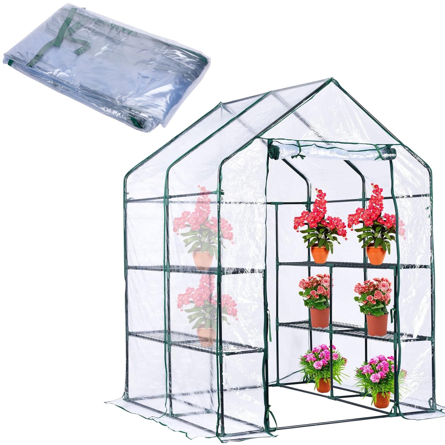 56 x 56 x 76 in Walk-in Greenhouse Replacement Cover with Roll-Up Zipper Door - PVC Greenhouse Cover for Outdoor Plant Gardening Plants Cold Frost Protection Wind Rain Proof (Frame Not Include)