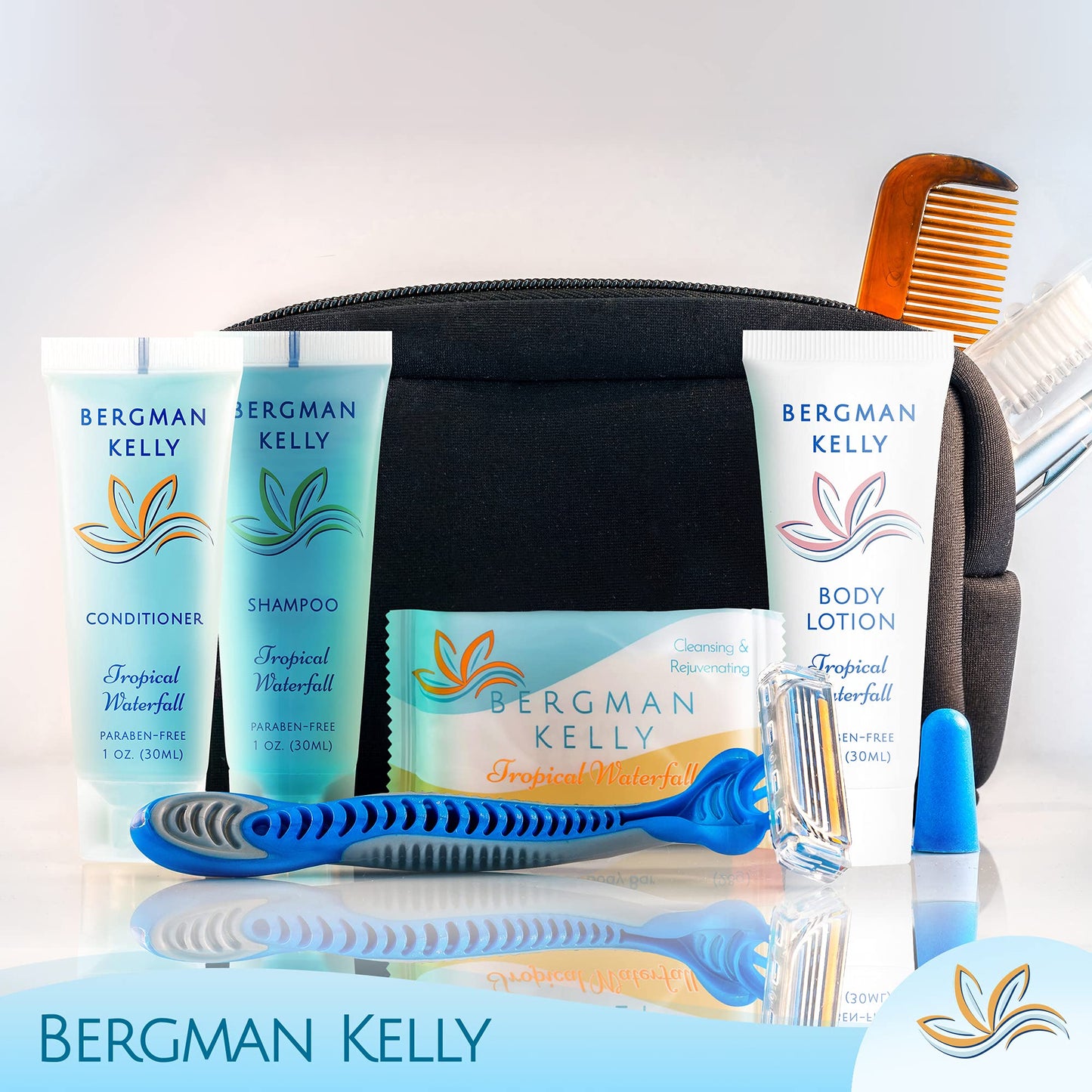 Bergman Kelly - Hotel Toiletries Bundle - Tropical Waterfall, 30 ml ea, 125 Pieces - 5-Piece Set: 25 ea Rectangular Bar Soap, Shampoo, Conditioner, Body Lotion & Body Wash - Bulk Mini Guest Amenities