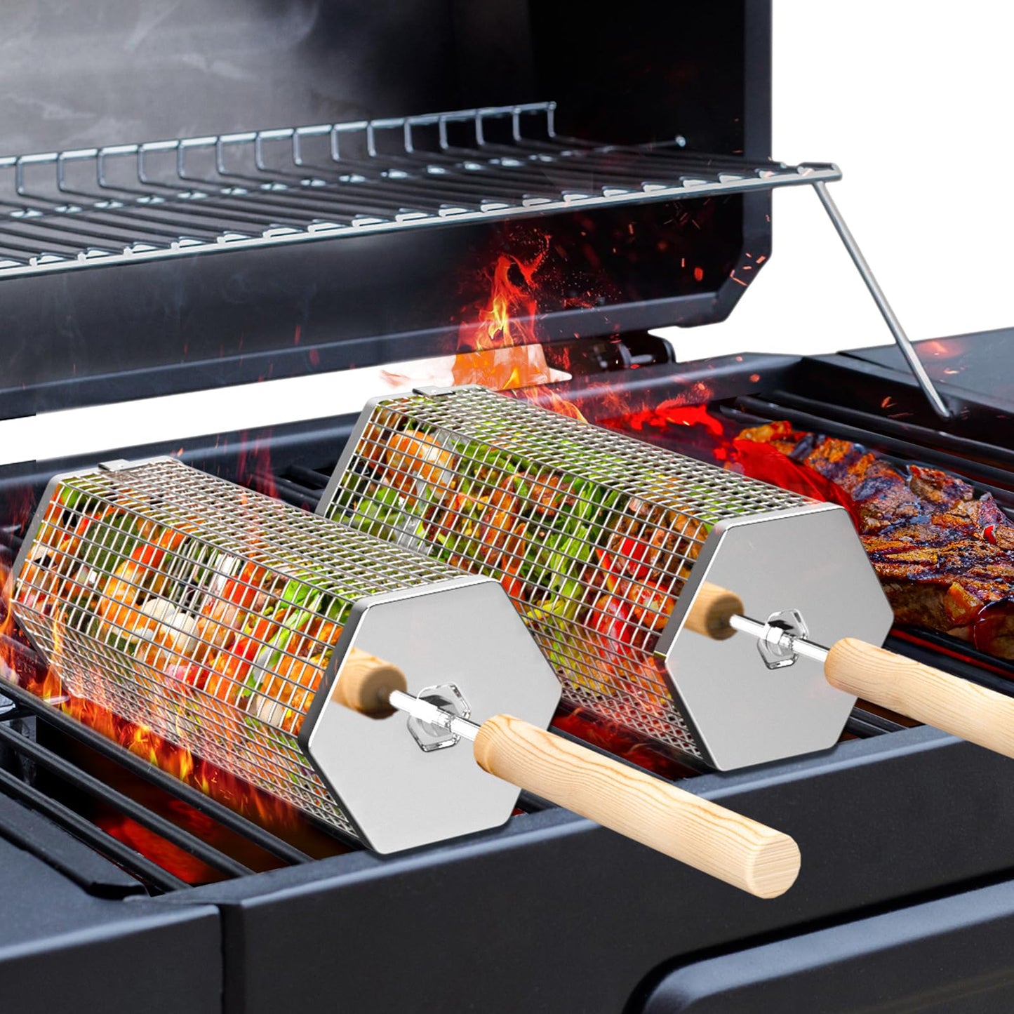 ivtivfu Rolling Grill Basket, Removable Wooden Handle, 304 Stainless Steel, Nesting BBQ Tools, Smoker Grilling Accessories for Vegetable, Outdoor Cooking Camping, Birthday Gifts for Men Dad Husband