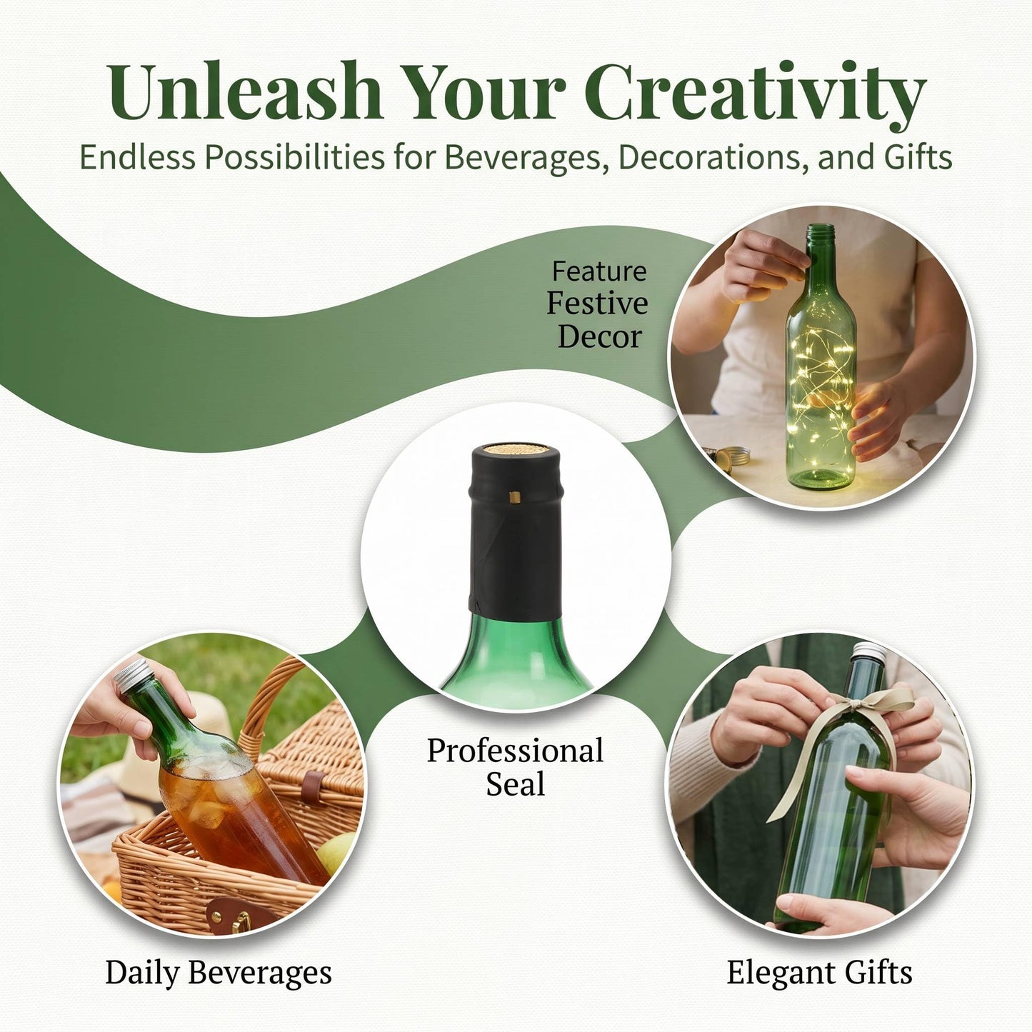 WUWEOT 12 Pack Plastic Wine Bottles, 750ml Empty Bordeaux-Style Liquor Bottles, Reusable Green Long Neck Wine Bottles with Screw Lid and Shrink Capsules Caps