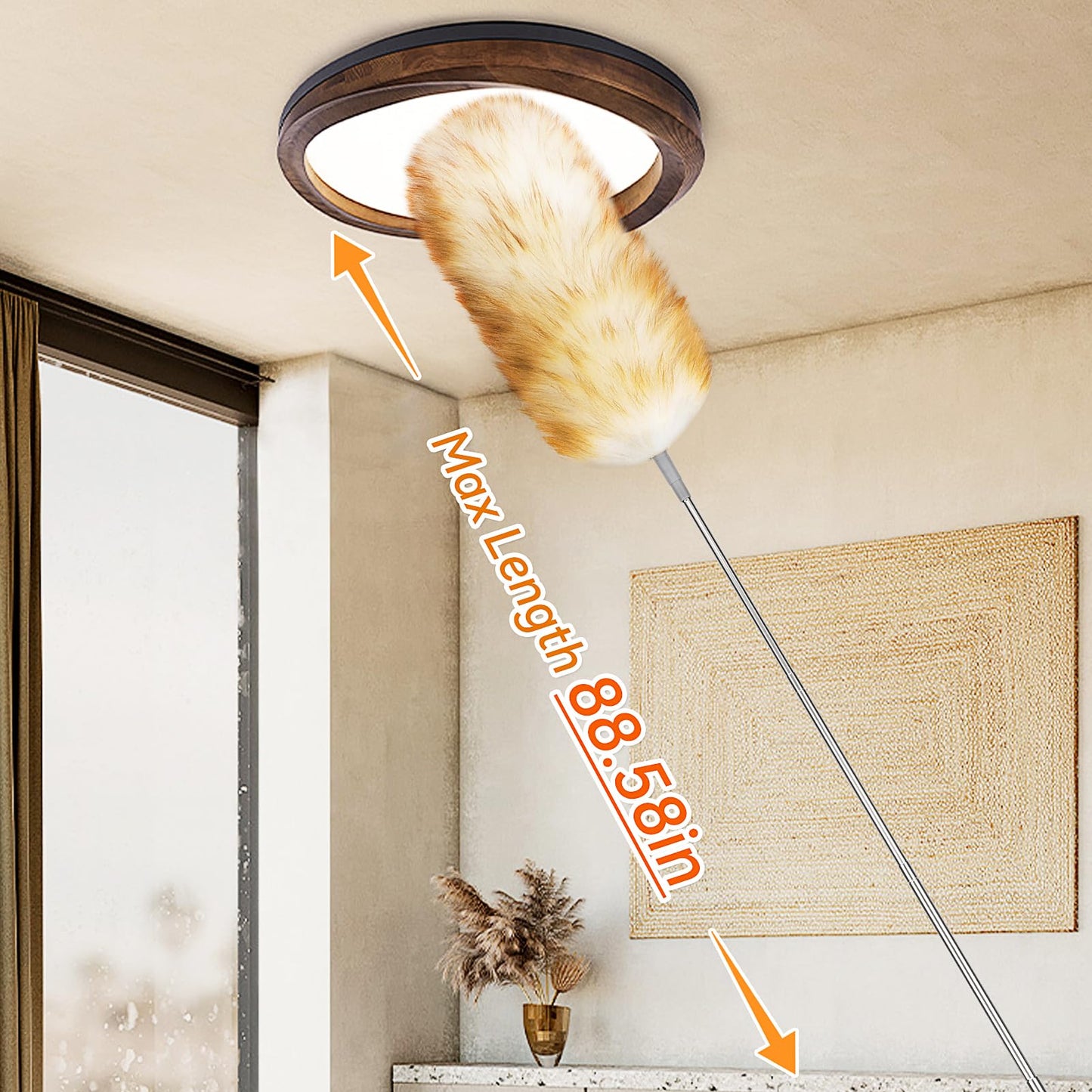 Lambswool Duster with Extension Pole up to 88.58” - Natural Feather Dusters Long Handle Stainless Steel, Fluffy Feather Duster for Cleaning High Ceiling Fans, Window Blinds Shelves, Furniture, Car