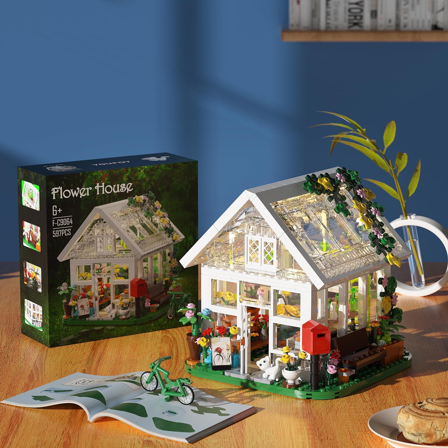Flower House Building Set, Garden House Building Set with LED Light, Creative Building Playset, Build Beautiful Greehouse Model,Great Toys for Friends and Girls (597 Pieces)