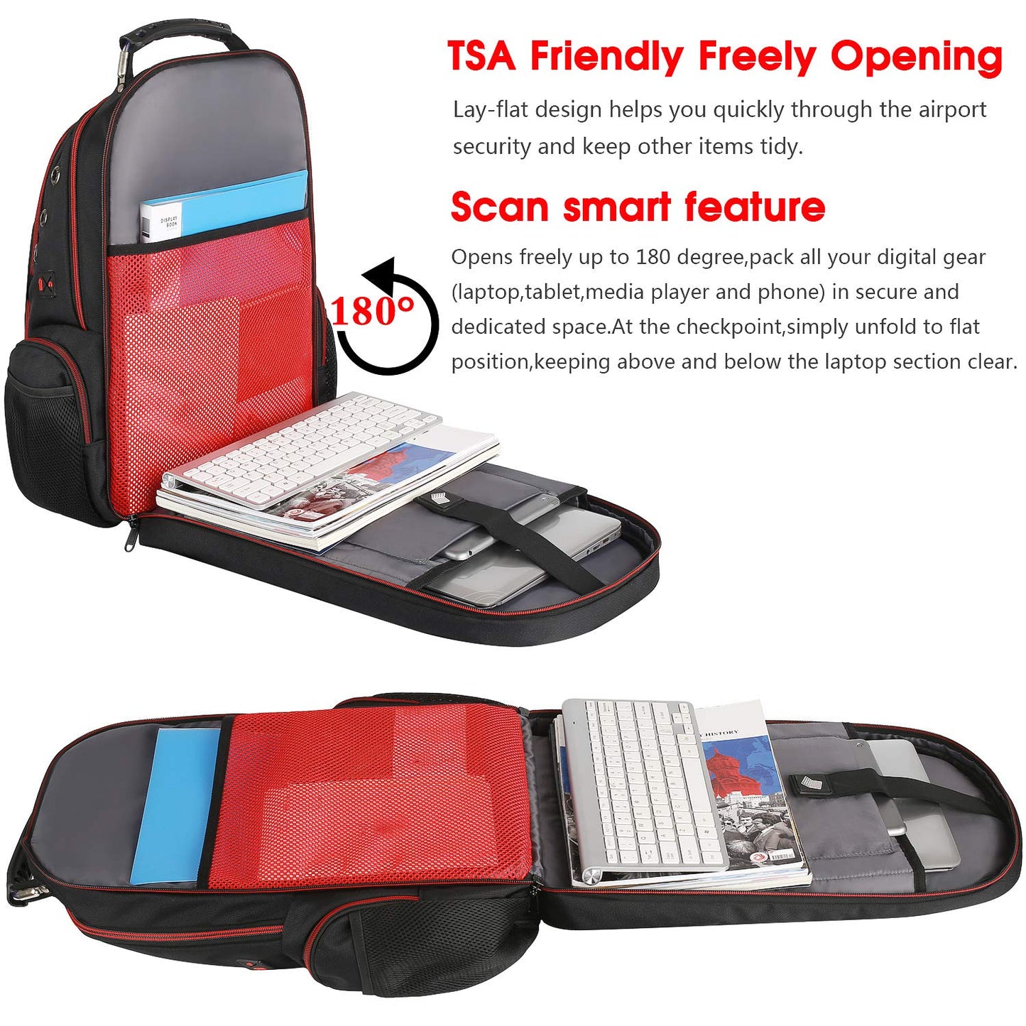 Laptop Backpack for Men, Large Travel Computer Backpack with USB Charging Port for Work Business Fits 17 Inch Notebook, Big College School Bookbag, 40L, Anti Theft, Water Resistant, Red