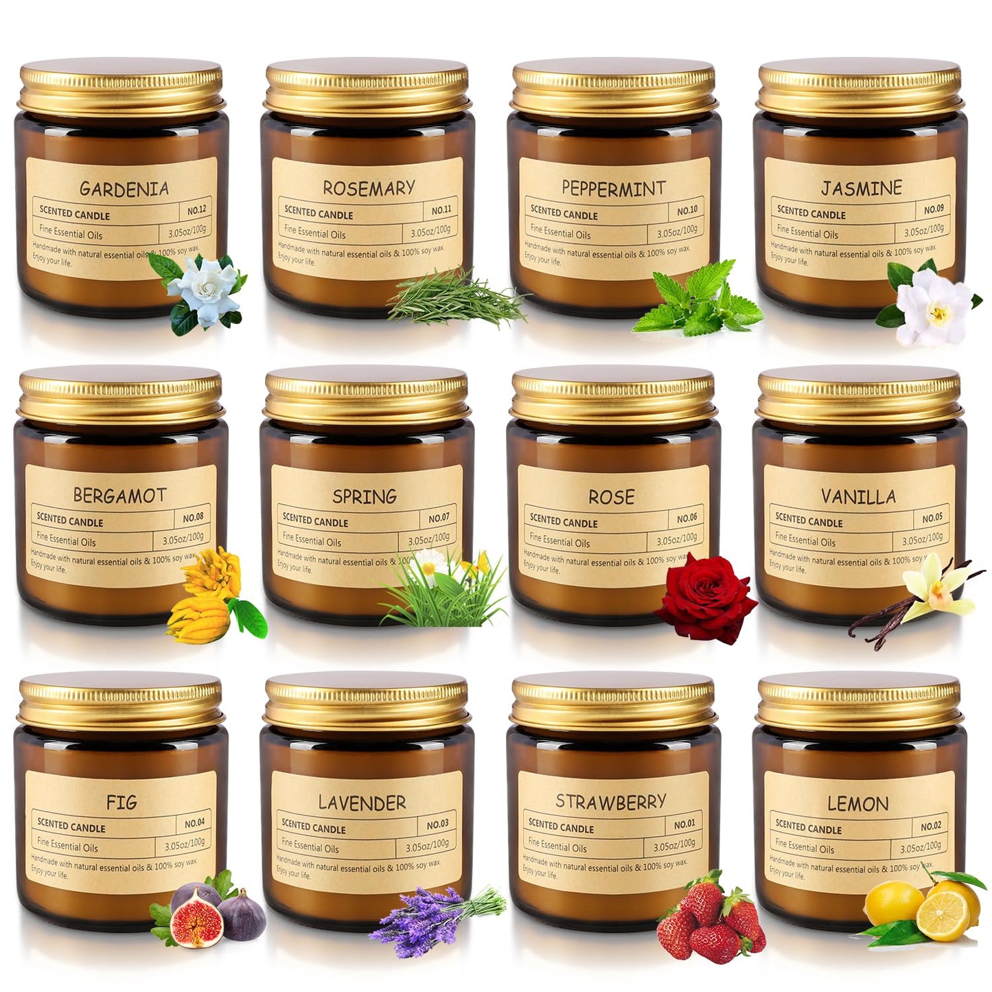 12Pack Scented Candle Sets - Aromatherapy Amber Jar Candles with Long - Lasting Scents - Ideal Gifts for Men & Women on Birthdays, Valentine's Day, Mother's Day, Thanksgiving Day, Christmas Day