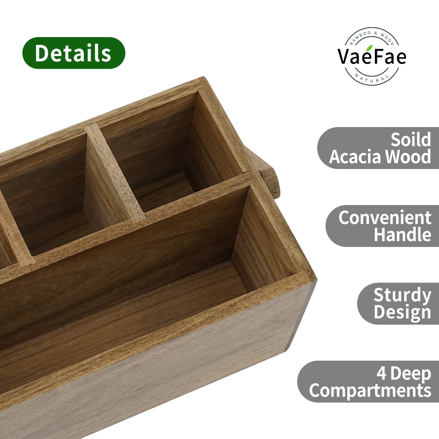 VaeFae Acacia Cutlery Caddy with Handle, Wooden Utensil Holder, Mulip-pose Organizer for Kitchen, Office, Bathroom, Bedroom