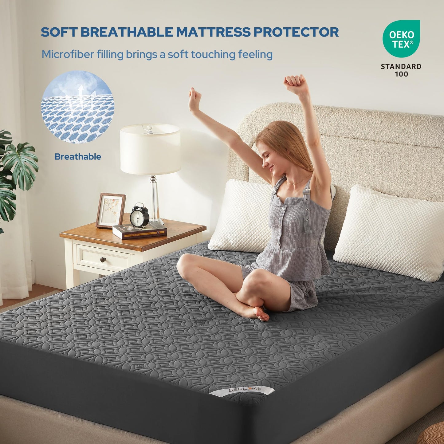 BEDLORE Waterproof Mattress Protector, Queen Size Mattress Pad Noiseless with Deep Pocket 6"-21" Depth, Soft & Breathable Dirt-Proof Bed Mattress Cover Washable for Home, Bedroom, Hotel (Gray)