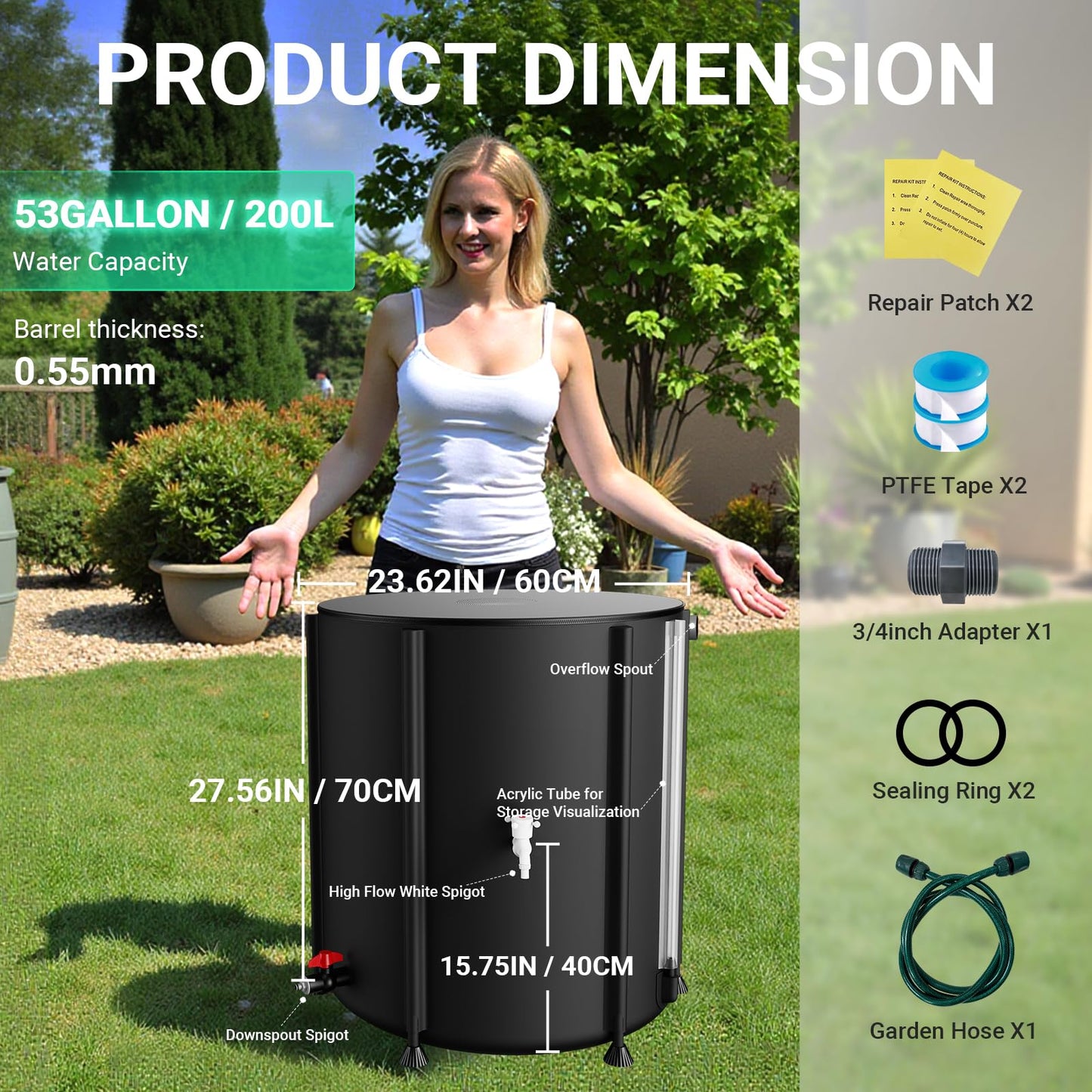 SKM Collapsible Rain Barrel, 53 Gallon Portable Rain Water Collection Barrel for Garden/Outside/Lawn, PVC Rainwater Collection System Water Tank Storage Container with Spigots & Overflow Kit, Black