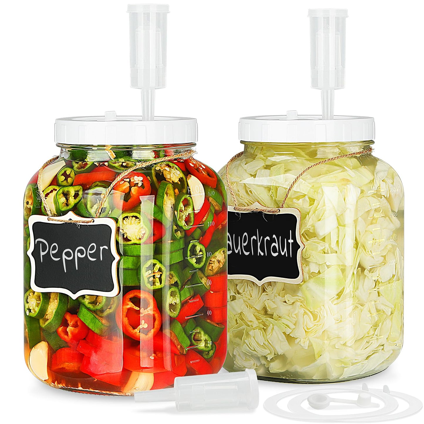 2 Pack Wide Mouth Fermentation Jars w 2 SCREW Lids and 3 Airlocks - 100% Airtight, 1 Gallon Glass Jars with Lids, Mead Making Kits w Scale Marks for Kombucha