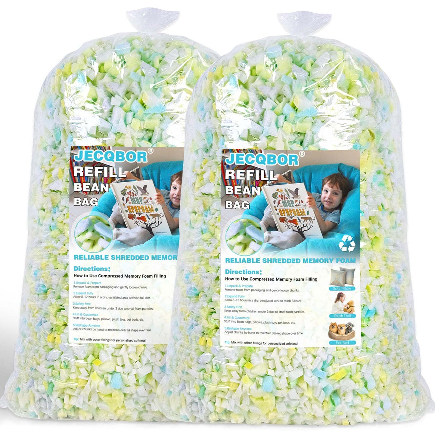 Jecqbor 10lbs Shredded Memory Foam Bean Bag Filler - Ultra-Soft Pillow Stuffing for Couches, Cushions, Stuffed Animals, Dog Beds, and DIY Arts & Crafts Projects