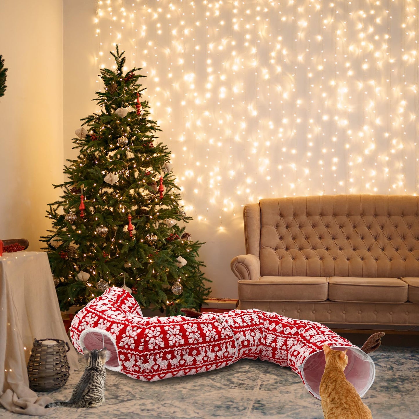 Cat Donut Tunnel for Christmas Tree - Warm Soft Cat Tube Christmas Tree Skirt, Christmas Themed Patterns Cats Red Tunnel Bed with Central Mat Multifunctional Round Pet Cave Toy for Kittens