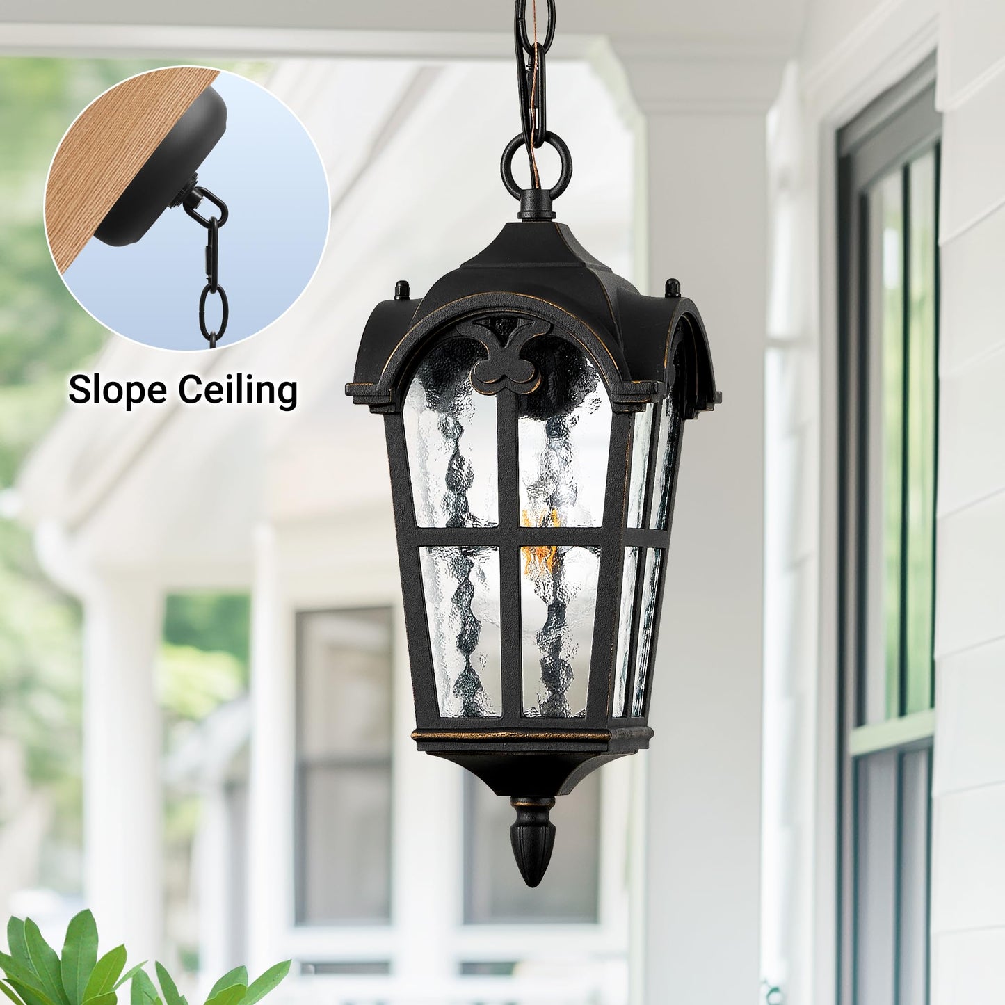 VIANIS Black Outdoor Pendant Light Lantern with Gold Trim, Outdoor Hanging Lights with Ripple Glass, Aluminum Outside Chandelier for Porch Waterproof and Anti-rust, Ceiling Fixtures for House Entryway