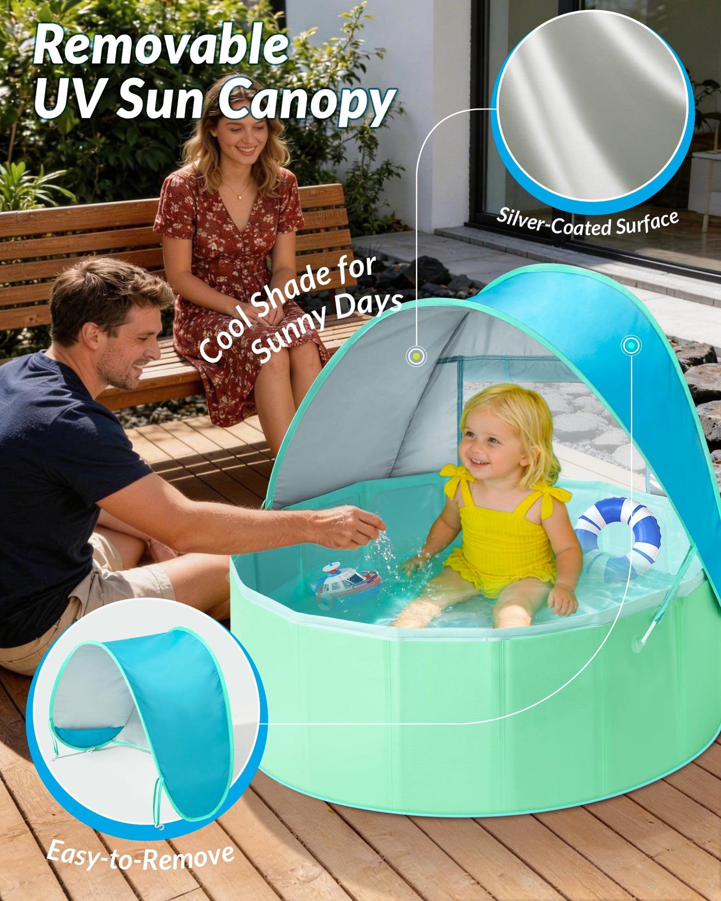 Hikiddy Foldable Kiddie Pool with Canopy: 31.5in Baby Pool (Blue&Mint, 31.5in)