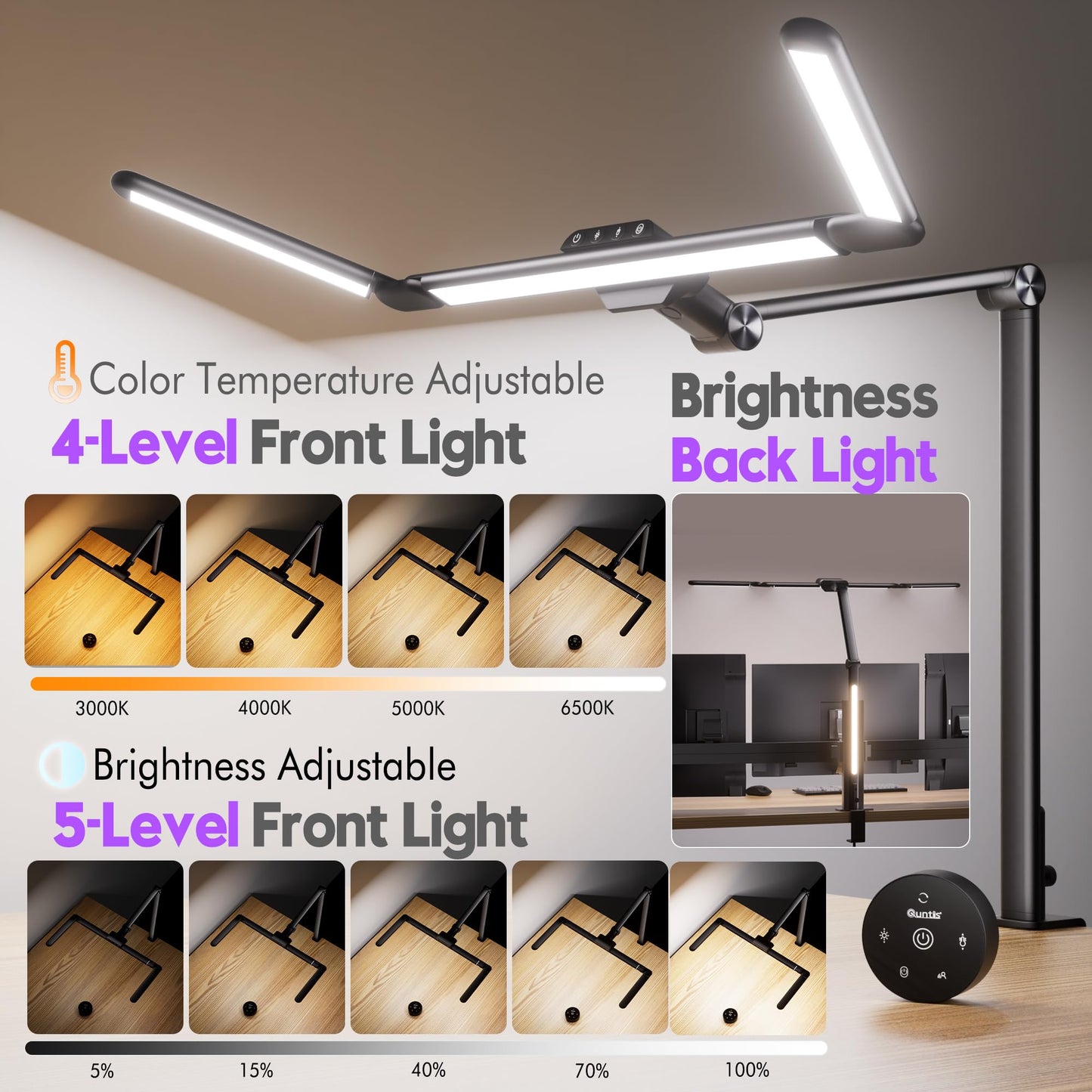 Quntis 32.5" Desk Lamp with 3-Adjust Light Bar, Backlight & Motion Sensor, Remote & Touch Control Architect Desk Light with Clamp,1100LM Glare-Free,Timer, 4 Color Dimming Monitor Light for Home Office