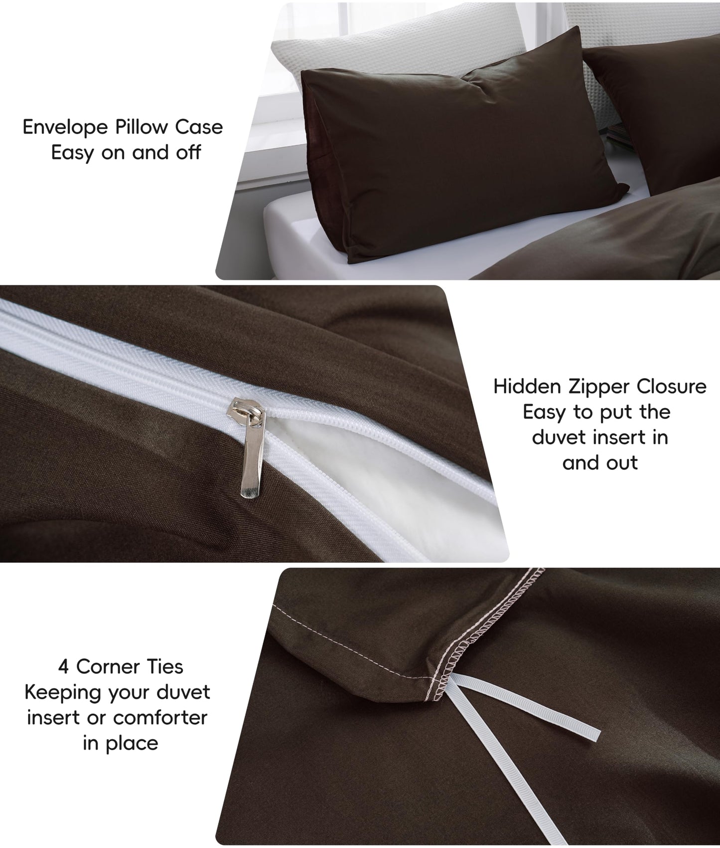 YHJWW Brown Duvet Cover Set Ultra Soft and Comfy 3 Piece Comforter Covers Bedding Set Includes 2 Pillowcases and 1 Duvet-Cover with Zipper (Queen 90"x90", No Comforter)