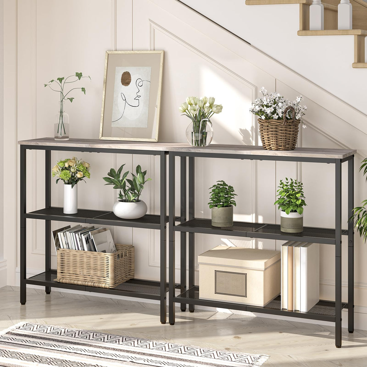 HOOBRO 75 cm Narrow Console Table, 3-Tier Entryway Table, Thin Sofa Table with Shelves, Side Table, Display Table, for Hallway, Entrance, Living Room, Bedroom, Greige and Black BG73XG01
