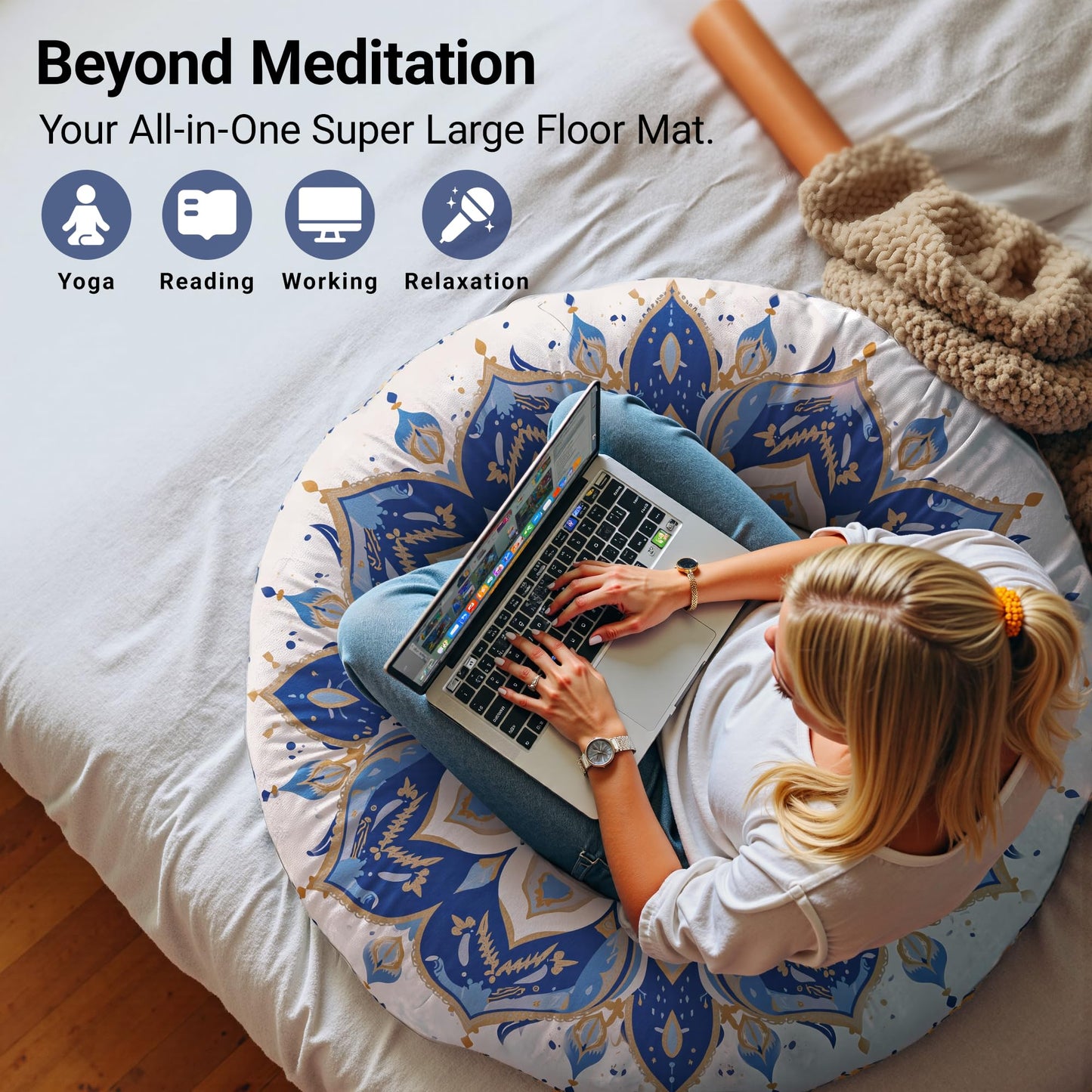 DAWNYIELD Meditation Cushion 32 Inch Round, Large Floor Pillow Seating for Adults, Bohemian Mandala Yoga Cushion, Extra Thick Memory Foam Removable Washable Cover, Ideal Gift & Holiday Decor, Blue