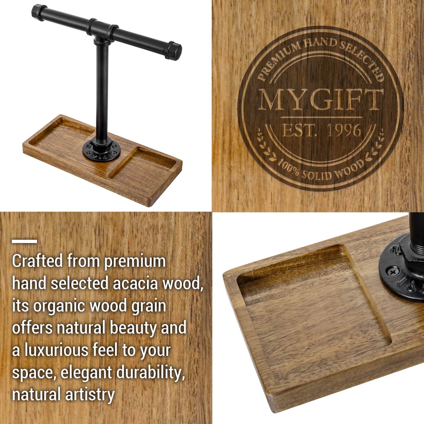 MyGift Premium Acacia Solid Wood and Industrial Black Metal Pipe T-Bar Over Ear Headphones Holder, Tabletop Dual Headphone Display Stand with Accessories Tray