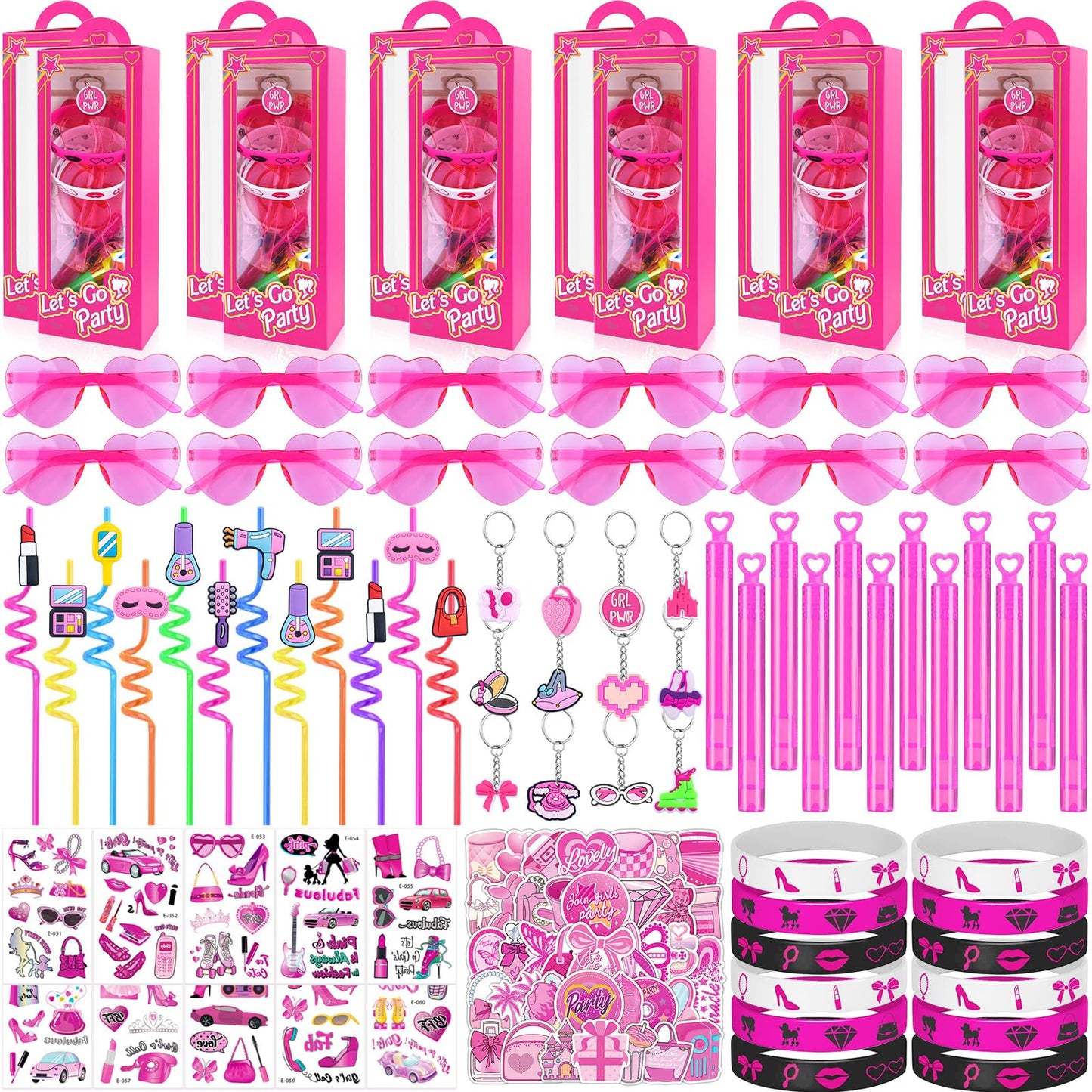 132Pcs Pink Birthday Party Favors Supplies with Goodie Candy Boxes Stuffers Includ Straw Glasses Bubble Stick Bracelet Keychain Tattoo Stickers Etc for Girls Birthday Party Decorations Supplies