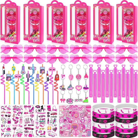 132Pcs Pink Birthday Party Favors Supplies with Goodie Candy Boxes Stuffers Includ Straw Glasses Bubble Stick Bracelet Keychain Tattoo Stickers Etc for Girls Birthday Party Decorations Supplies