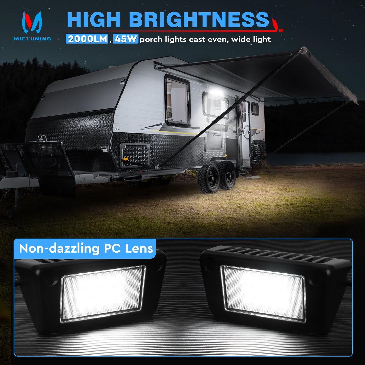 MICTUNING LED RV Exterior Porch Utility Light Waterproof 10-30V DC Low Current 5" Lighting Fixture 45W 2000LM Aluminum Base led Scene Lighting for RV, Trailer, Camper-2 Pack (6000K Nature White)