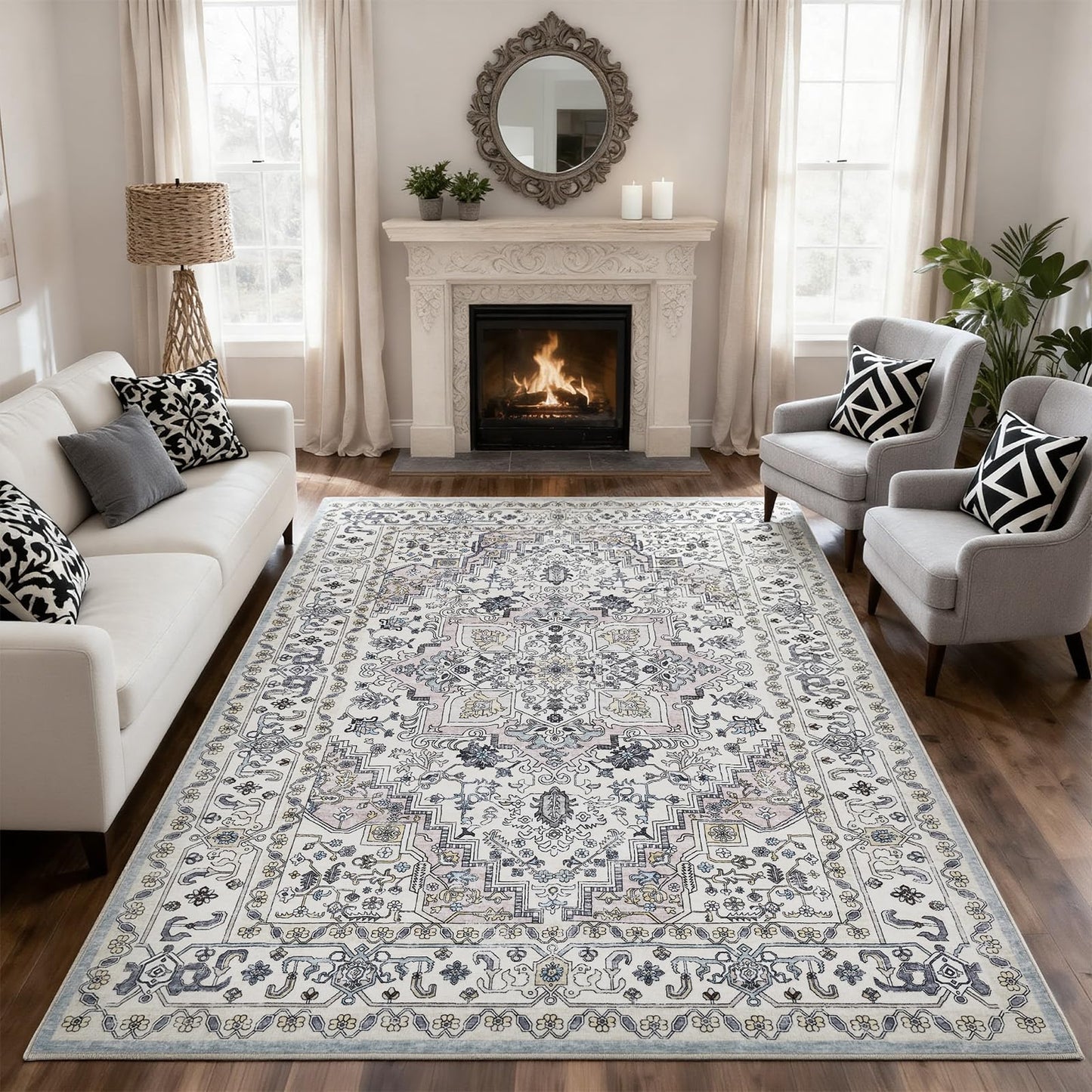 Washable 6X9 Area Rugs for Living Room, Soft Low Pile Vintage Rugs with Non Slip Rubber Backing, Boho Large Carpet for Bedroom Dining Room, Farmhouse, Nursery, Home Office.