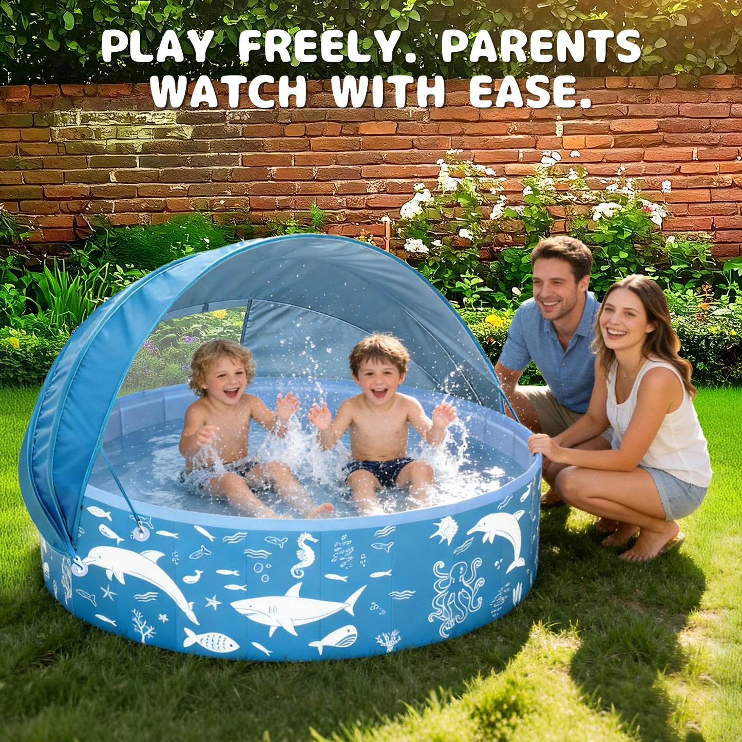 55” Extra Large Kiddie Pool with Canopy, EPN UPF 50+ Sun Shade Baby Pool, No Inflation Foldable Toddler Pool for Backyard Outdoor & Beach, Portable Thickened PVC BPA-Free Kids Water Play Pool, Blue
