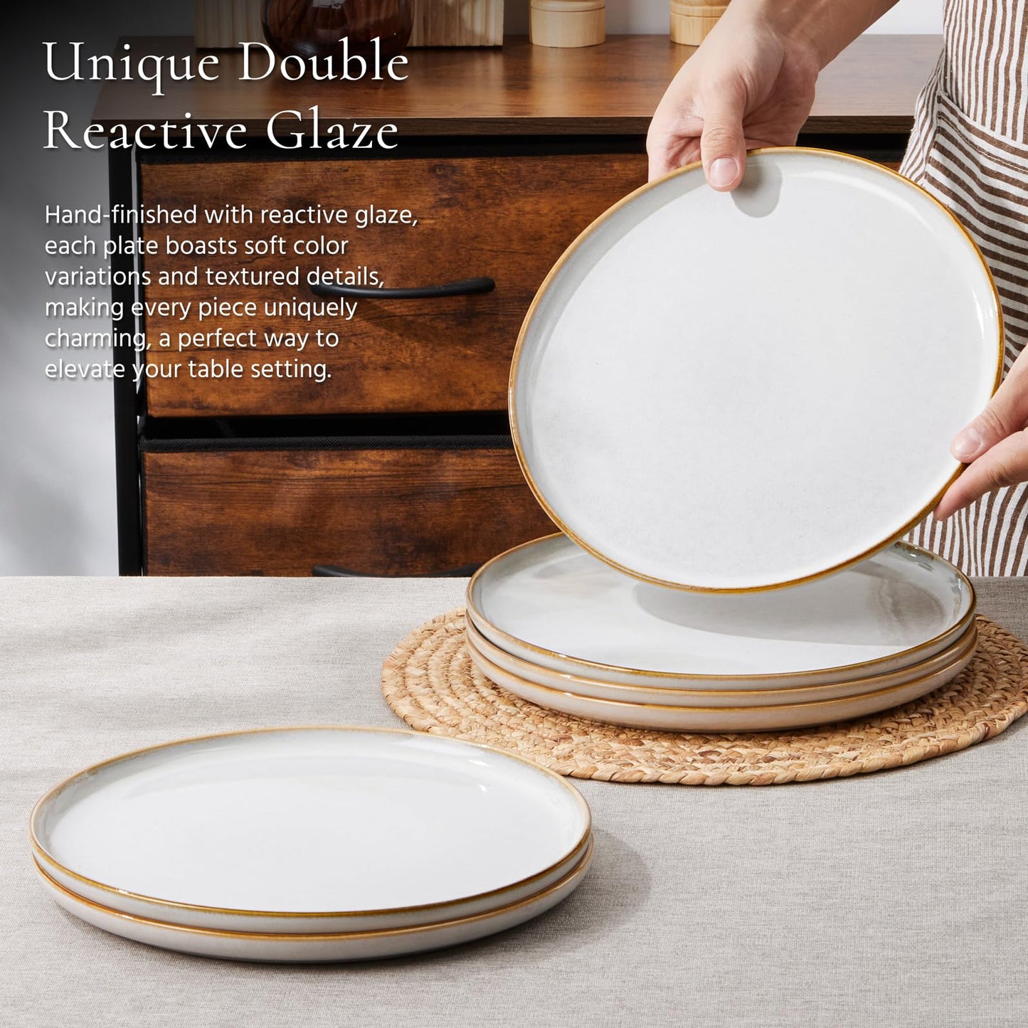 E-far 10.5” Ceramic Dinner Plates Set of 6, Large Reactive Glaze Stoneware Dishes, Round Salad Plate for Home Kitchen Restaurant, Microwave & Dishwasher Safe – Seashell White
