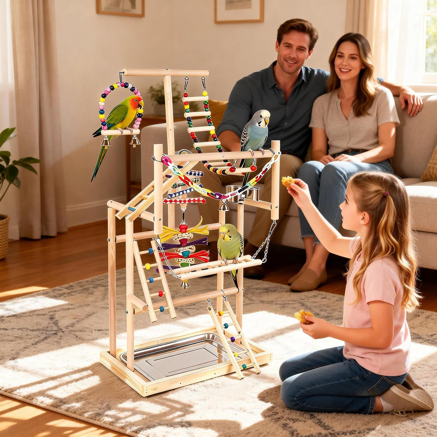 OCKYOOZ Bird Playground Pet Bird Parrot Playground Birds Stand 4 Layers Pet Parrot Playstand with Exercise Toys Swings Feeder Cups Birds Play Stand Wood Perch Gym Playpen Ladder for Cockatiel Parakeet