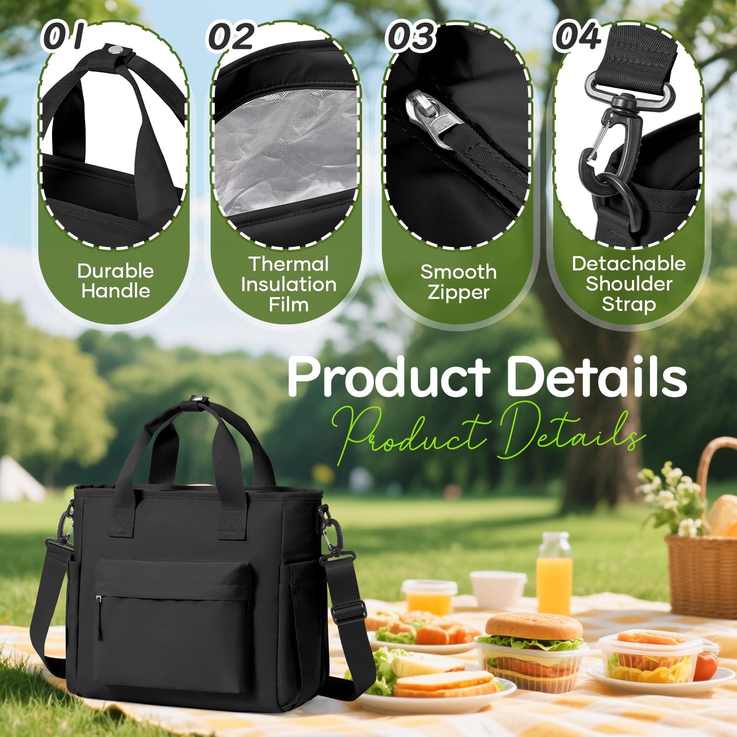 Lunch Bag Insulated Lunch Box Leakproof Lunch Tote Bags for Women Men,Portable Thermal Cooler Bag Lunch Containers with Shoulder Strap for Work, Family, Picnic, School, Outdoor,BBQ C1-Black