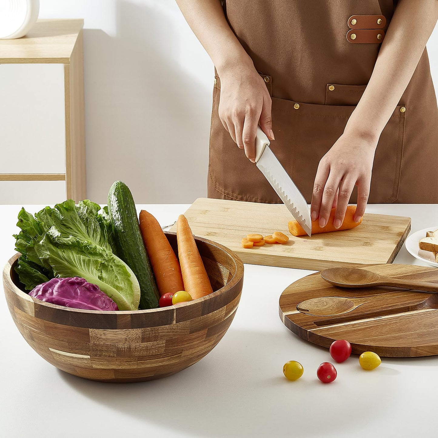 12'' Wooden Salad Bowl Large Wood Salad Bowl with Lid Acacia Wood Salad Bowls Set Mixing Bowl Serving Bowl with Servers for Salads, Pasta, Fruit, Dessert