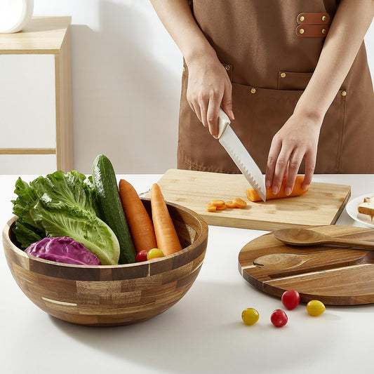 12'' Wooden Salad Bowl Large Wood Salad Bowl with Lid Acacia Wood Salad Bowls Set Mixing Bowl Serving Bowl with Servers for Salads, Pasta, Fruit, Dessert