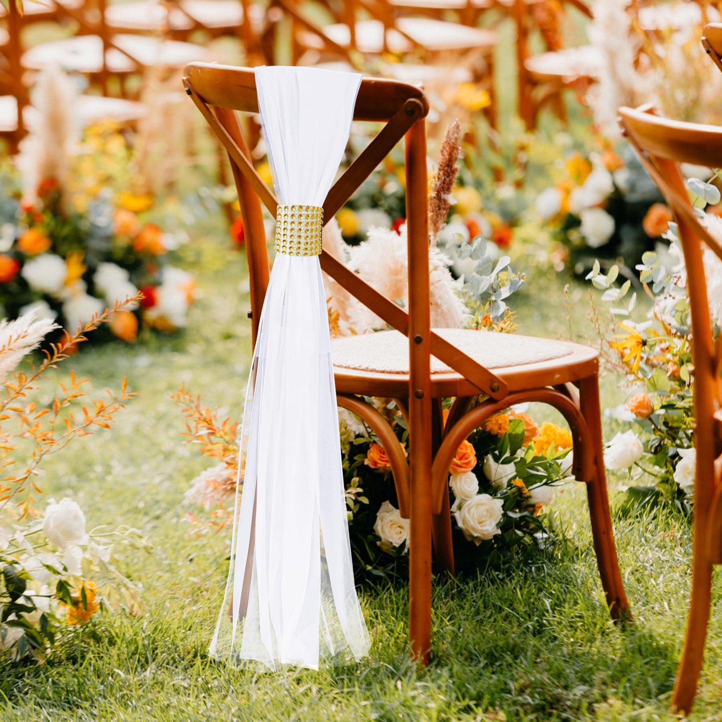 Large Extended White Pew Bows for Wedding Aisle and Church Decorations - Tulle Chair Decor, Flowers Runner for Ceremony Outside (26, Gold Wrap)
