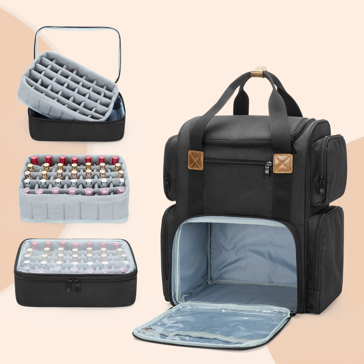 BAFASO Nail Polish Organizer Backpack Holds 70 Bottles and a Nail Lamp, Nail Polish Organizer Case with 2 Removable Pouches and a Laptop Sleeve (Patented Design), Black