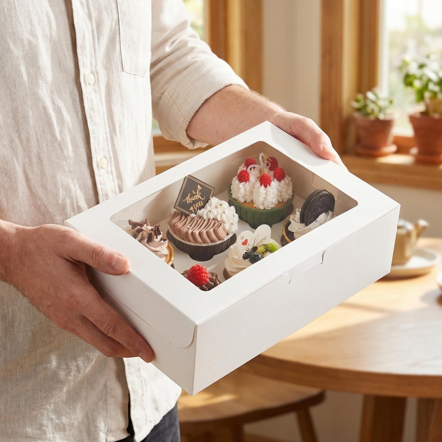 Jucoan 50 Pack White Paper Cupcake Box with Insert and Window Hold 6 Standard Cupcakes, Cupcake Carrier Container, Bakery Muffin Box for Pastry, Cookies, Birthday, Mother's Day, Wedding Party