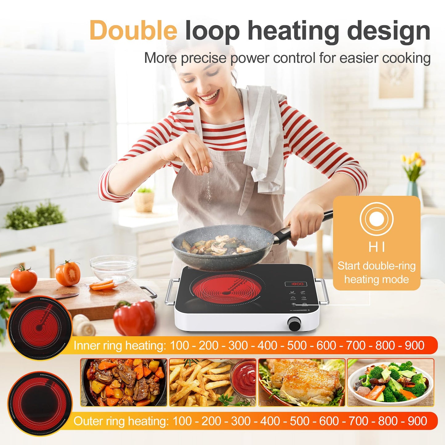 GIHETKUT Electric Cooktop Single Burner, 1800W 110V Electric Stove Top with Knob Control, Portable Induction Cooktop with 2 Handle, Hot plate with Double Ring Heating, 4 hours Timer