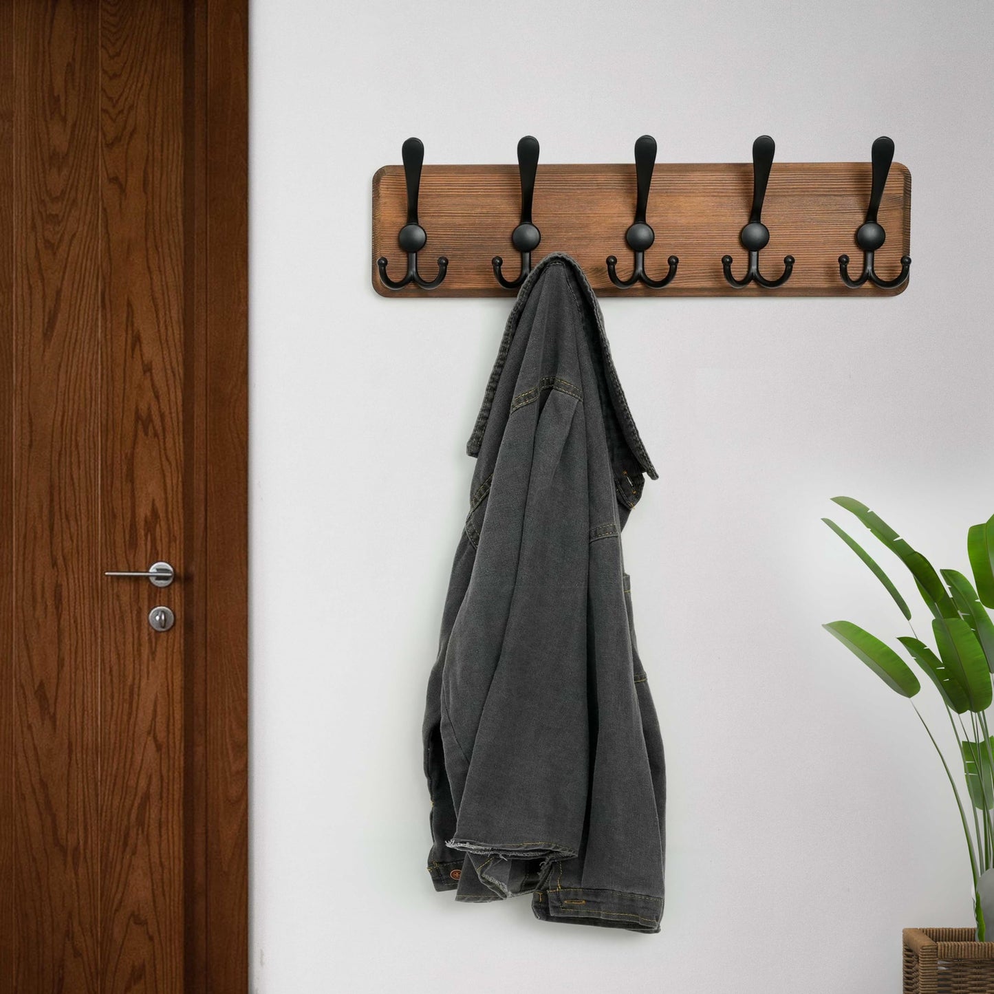 WEBI Coat Rack Wall Mount,Coat Hooks Wall Mounted,16'' Hole to Hole,Wood Coat Hanger Wall,Hook Rack Rail,5 Triple Hooks for Hanging Coats,Jacket,Clothes