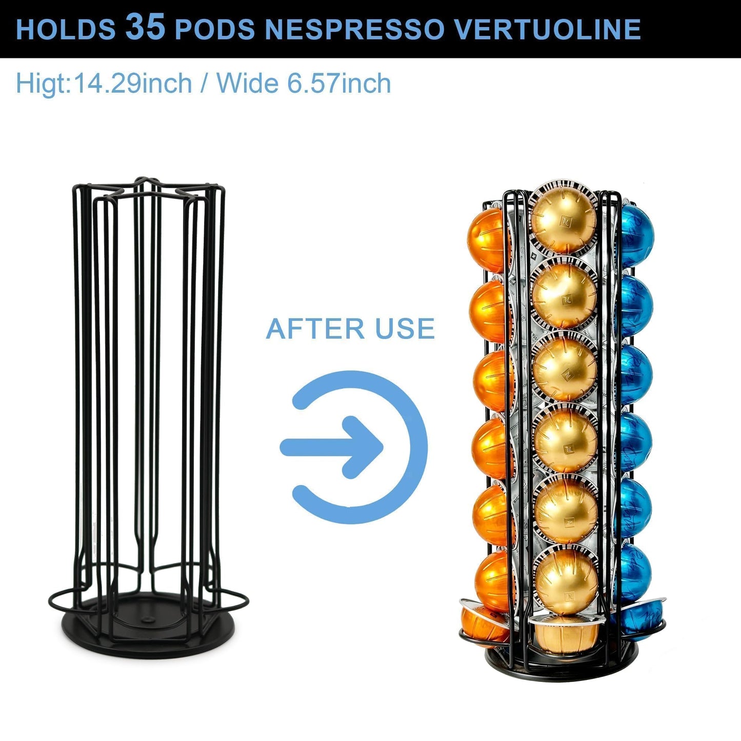 Worbic Coffee Pod Holder Organizer for Nespresso VertuoLine, Black Metal Coffee Pod Capsule Holder Stand Rotating Carousel,Holds 35 Capsules