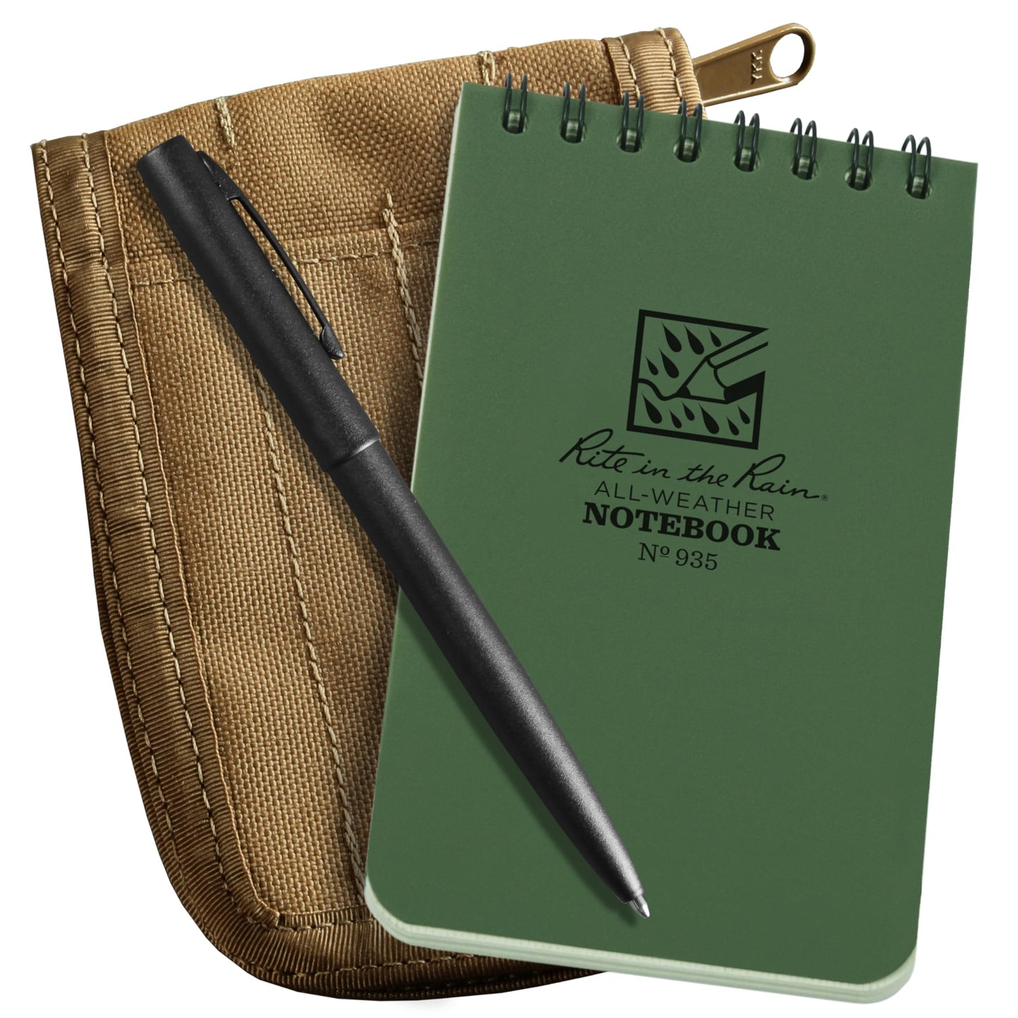 Rite in the Rain Weatherproof 3" x 5" Top Spiral Notebook Kit: Tan CORDURA Fabric Cover, 3" x 5" Green Notebook, and an Weatherproof Pen (No. 935-KITL)