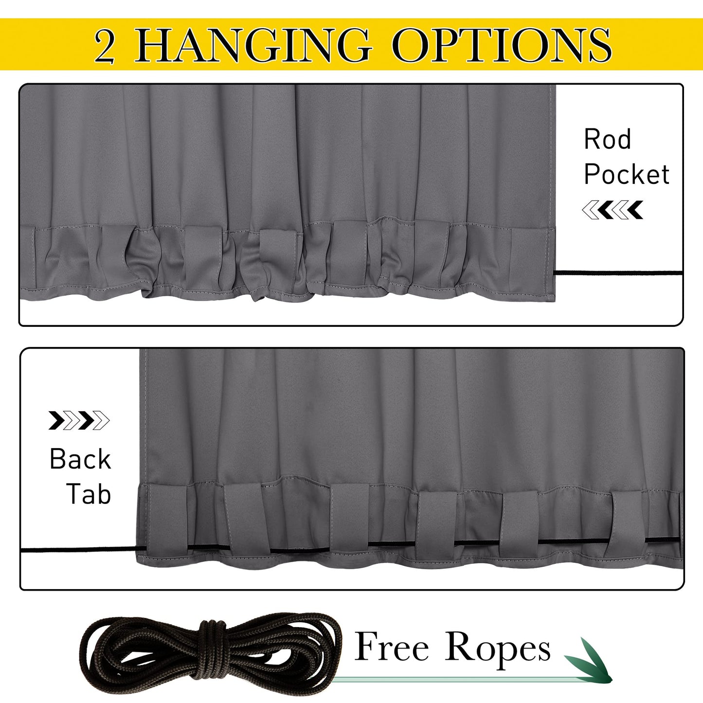 NICETOWN Grey Gazebo Curtains Waterproof,Top & Bottom Grommet & Back Tab Windproof Weighted Blackout Outdoor Drapes Keep Privacy with Fixed Rope 2 Panels for Porch/Patio/Pergola/Cabana,84 x 84 Inches