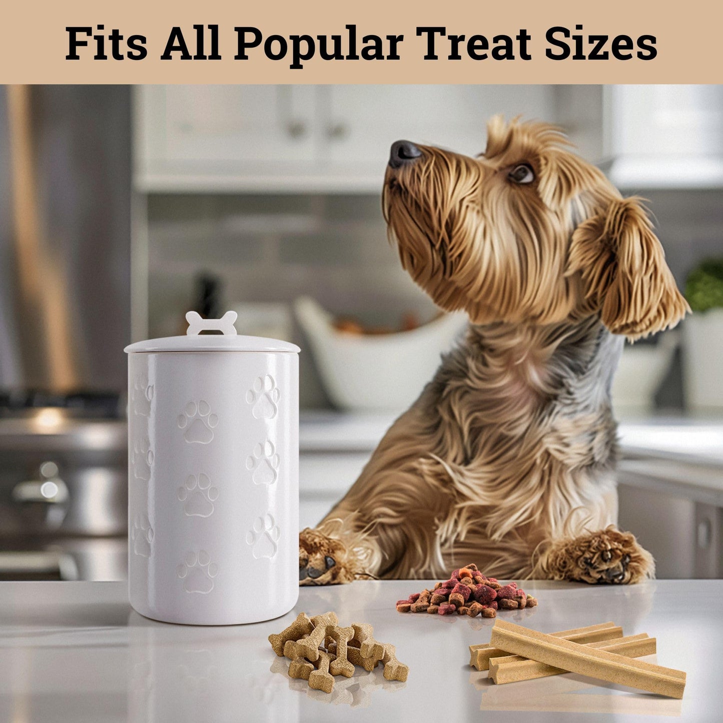 Dog Treat Container Airtight - 5 Inch Wide x 9 Inch Tall Ceramic Dog Treat Jar for Kitchen Counter with Airtight Lid - 7 Cup Capacity Pet Treat Container - Cute Doggie Cookie Jar - Big Treats Canister