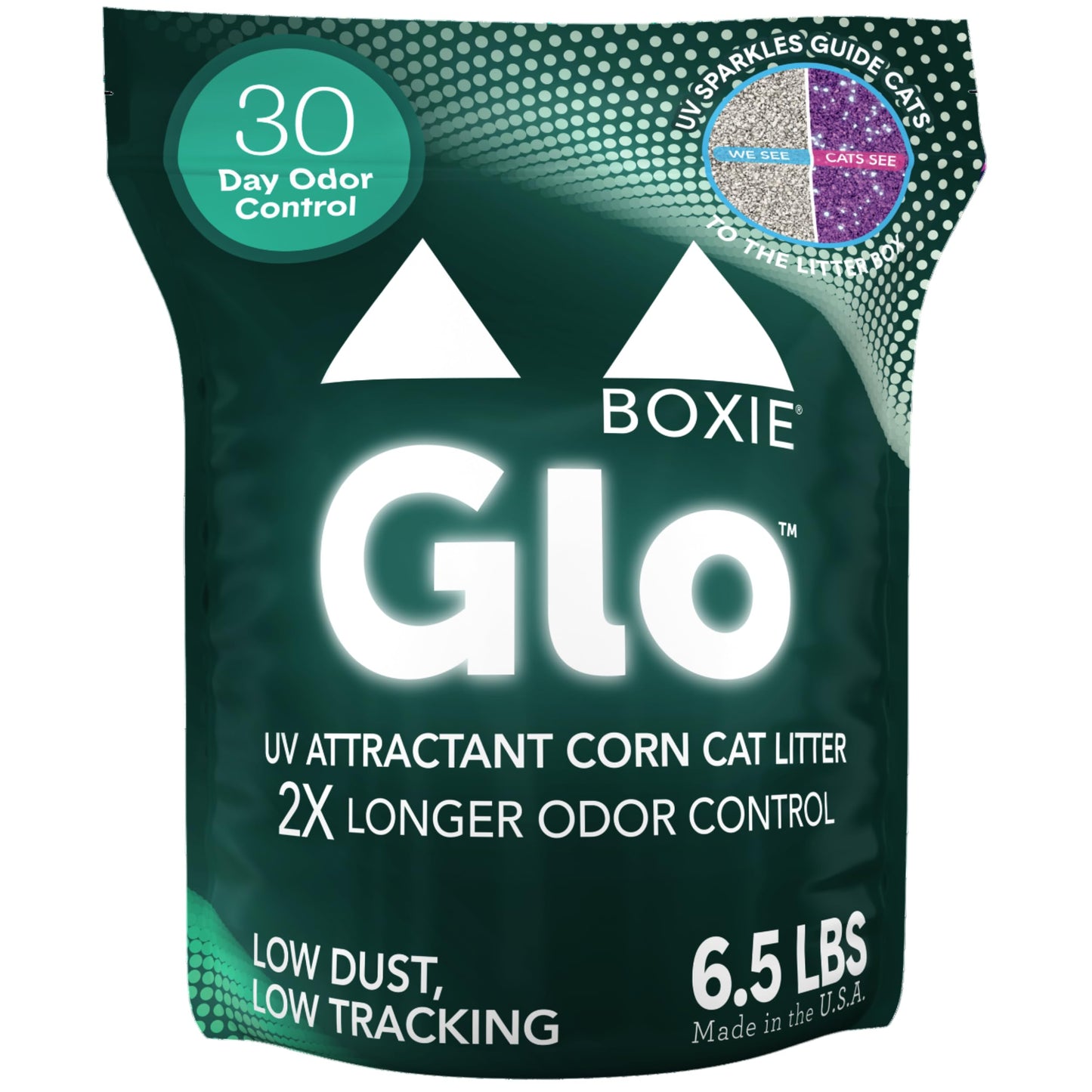 Boxie® Glo™ Natural Attractions 30 Day Odor Control Clumping Corn Cat & Kitty Litter, 6.5 lb, 99.9% Dust-Free, Plant-Based, Lightweight, Strong Clumping, UV Light Attractant for Litter Box Use