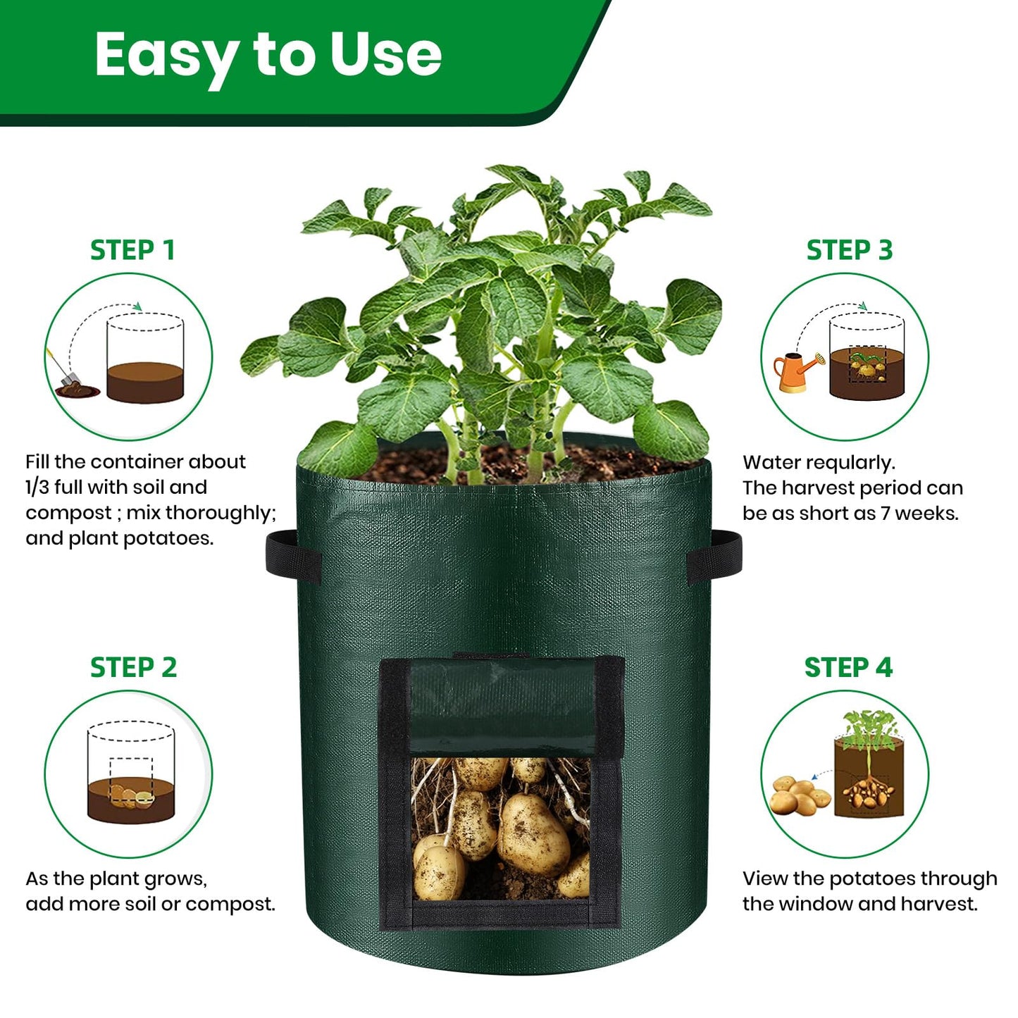 8 Pack Grow Bags, 10 Gallon Potato Growing Bags Durable PE Vegetable Planter Bag with Flap and Handles Large Garden Pots Potato Growing Containers for Vegetables, Fruits and More