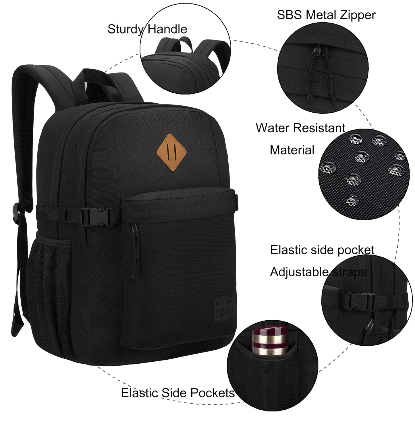 SUPACOOL Lightweight Casual Backpack for Men and Women, Travel Backpack, Large Backpack for Boys and Girls, black, Mittelgroße