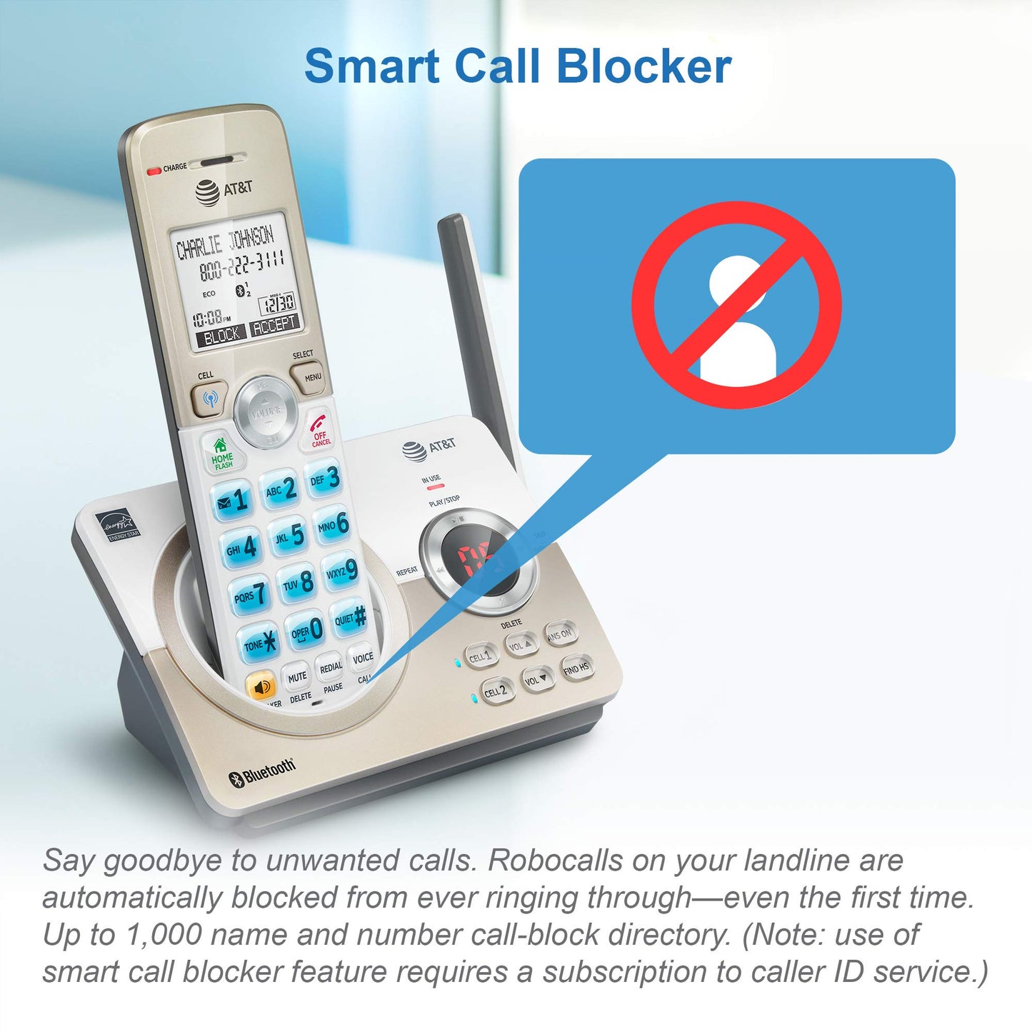 AT&T DL72119 DECT 6.0 Single Cordless Phone for Home with Bluetooth Connect to Cell, Call Blocking, 1.8" Backlit Screen, Big Buttons, intercom, and Unsurpassed Range, White/Champagne