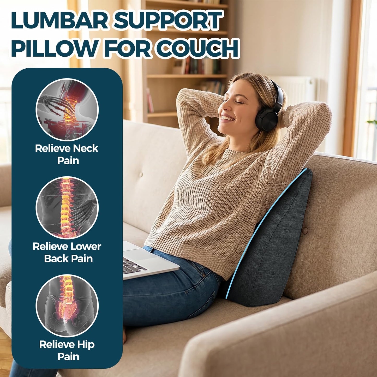 TANYOO Back Support Pillow for Recliner Soft Dual Layer Lumbar Support Pillow with Shredded Memory Foam Ergonomic Orthopedic Couch Lumbar Cushions for Elderly Lower Back Pain Relief Dark Grey